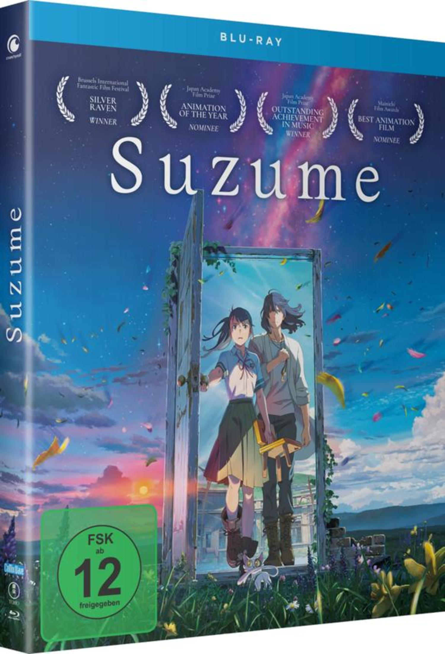 Copertina Blu-ray di Suzume. Due personaggi vicino a una porta aperta con cielo stellato.