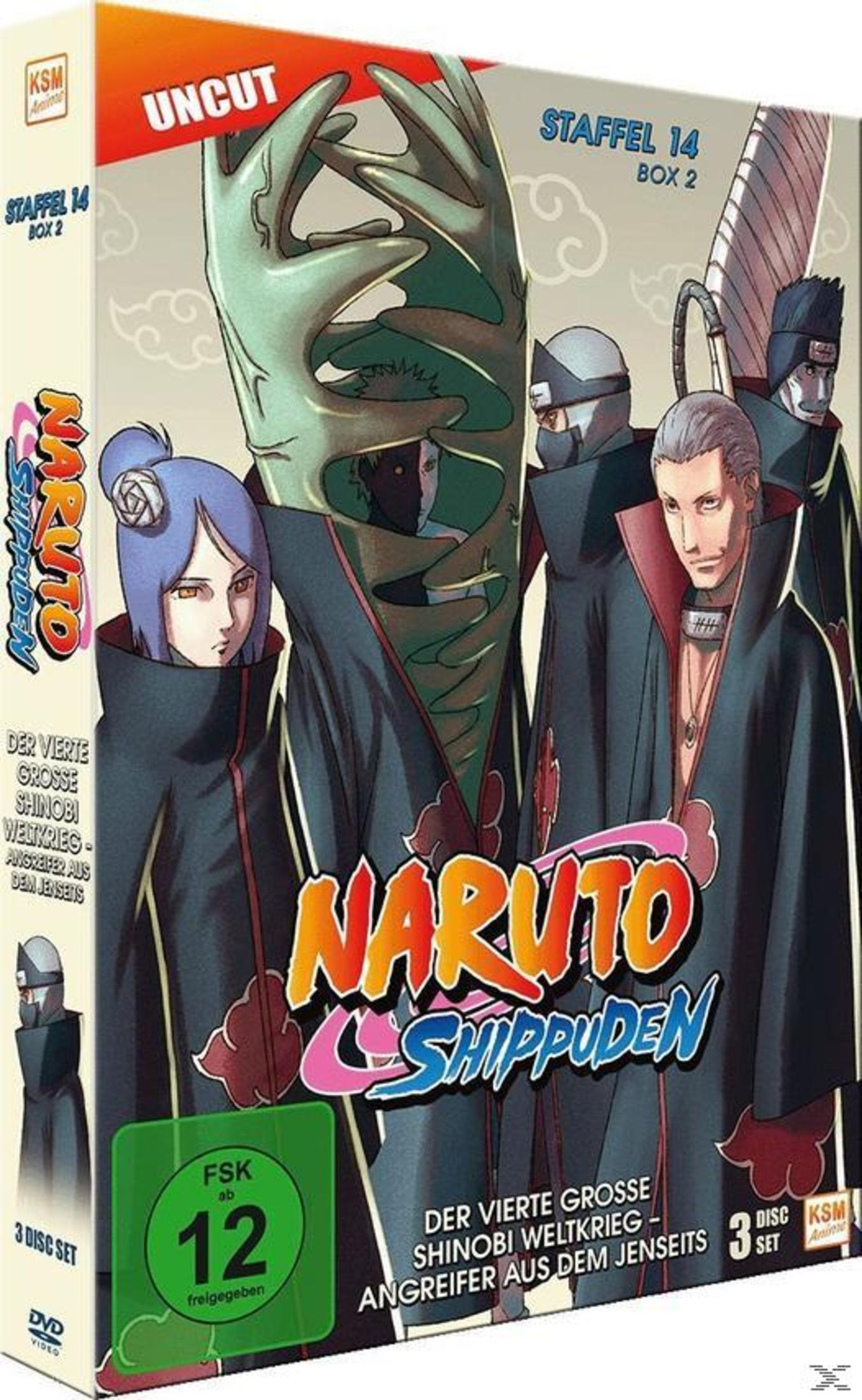 Copertina DVD Naruto Shippuden Stagione 14 Box 2 con membri Akatsuki e logo FSK 12.