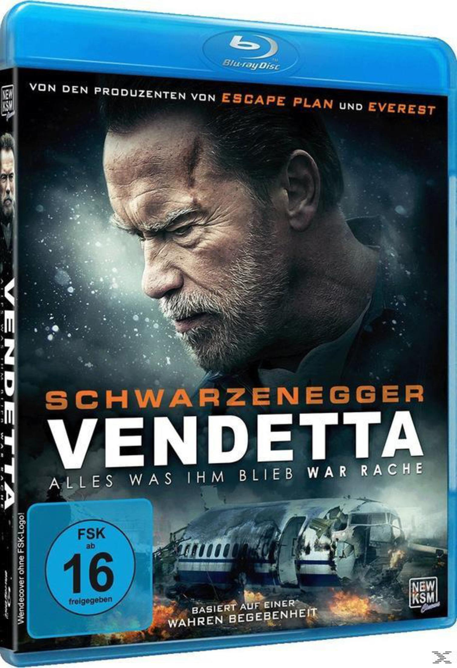 Poster film Arnold Schwarzenegger: Volto di uomo, aereo caduto, testo 'Vendetta'.
