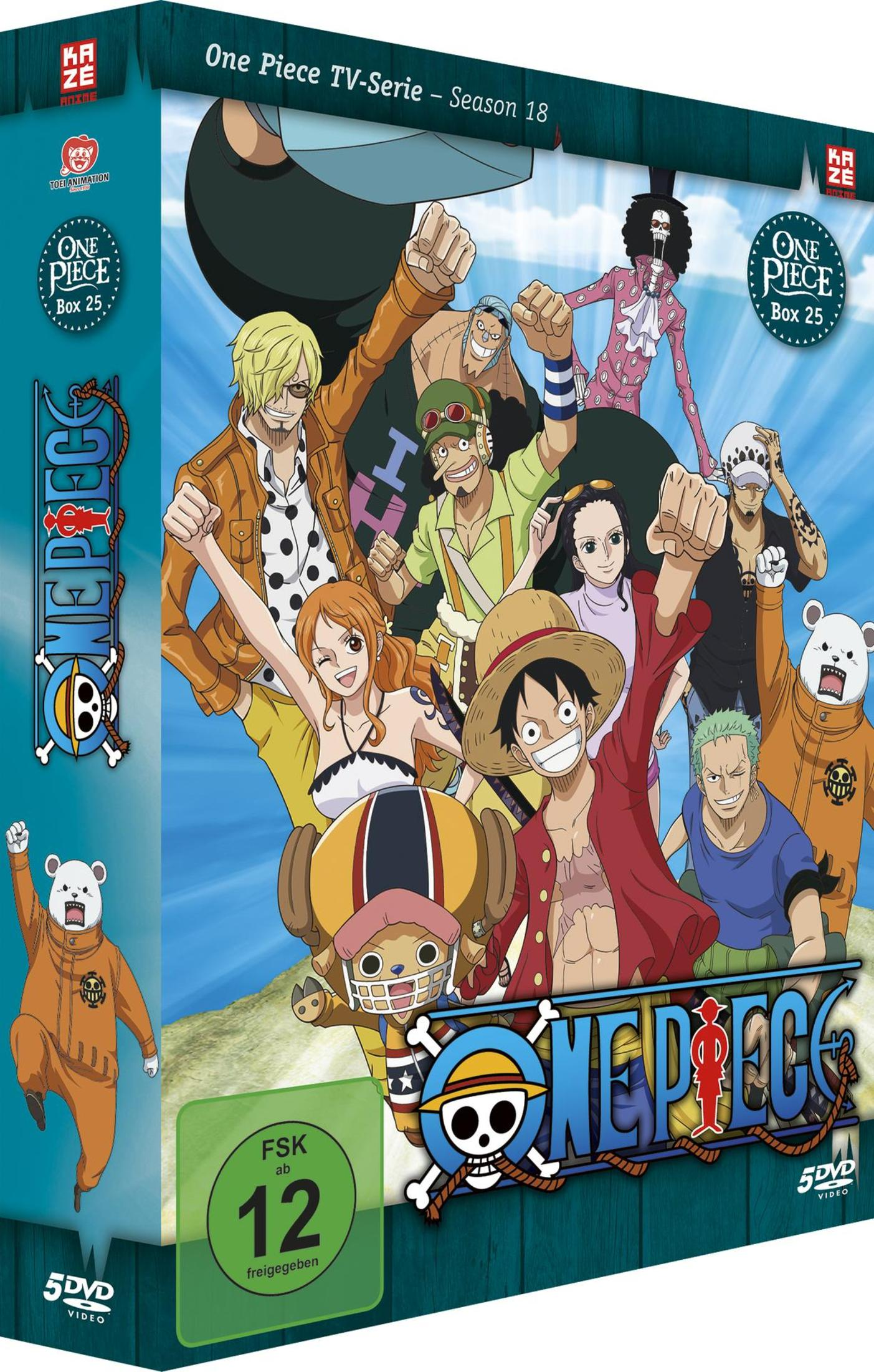 Copertina DVD One Piece Box 25, Stagione 18 con personaggi anime su sfondo blu.