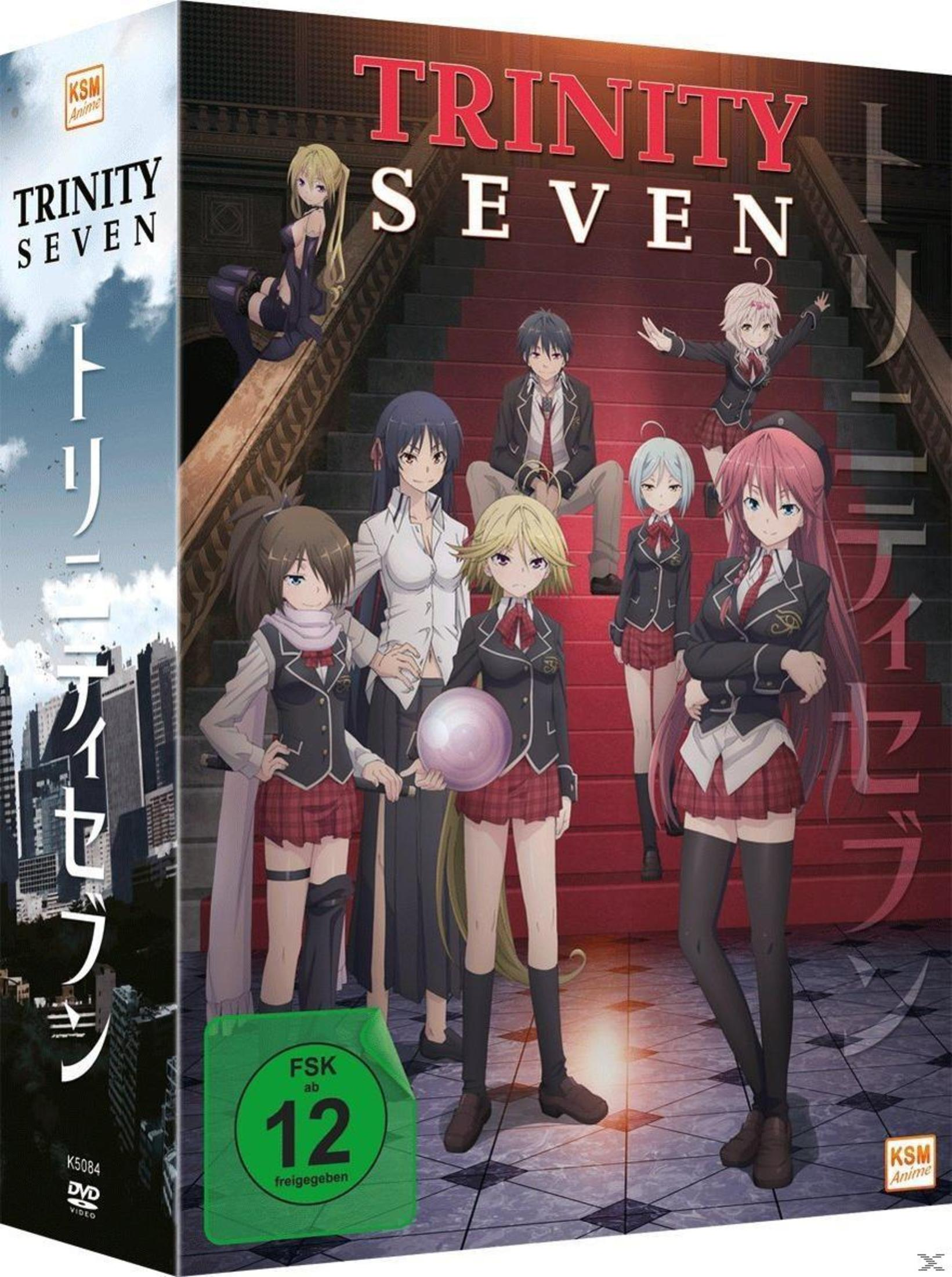 Personaggi anime sulle scale. Testo: Trinity Seven. Valutazione FSK 12.