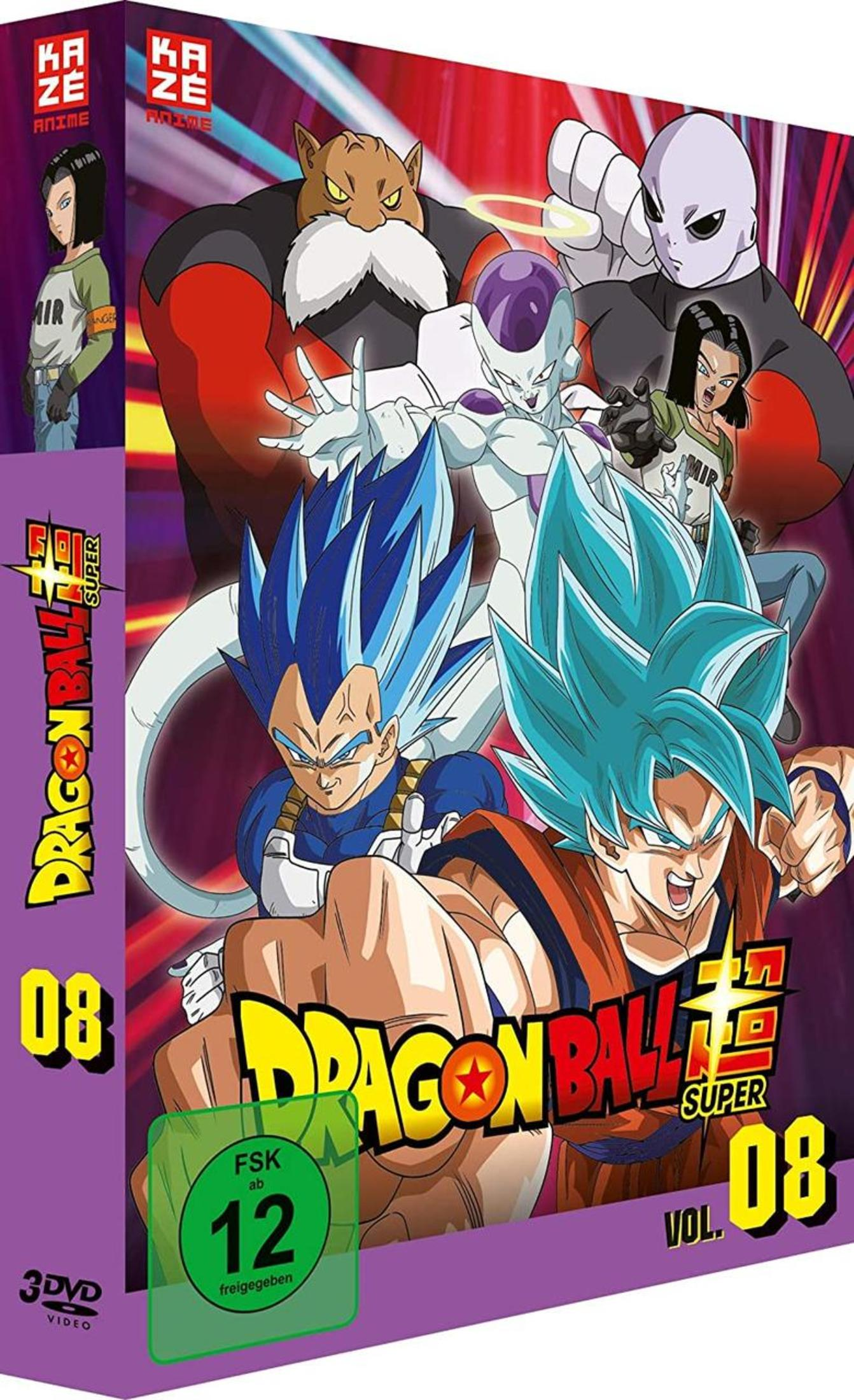 Copertina DVD Dragon Ball Super Vol. 08 con Goku, Vegeta, Freezer, Jiren e Androide 17.