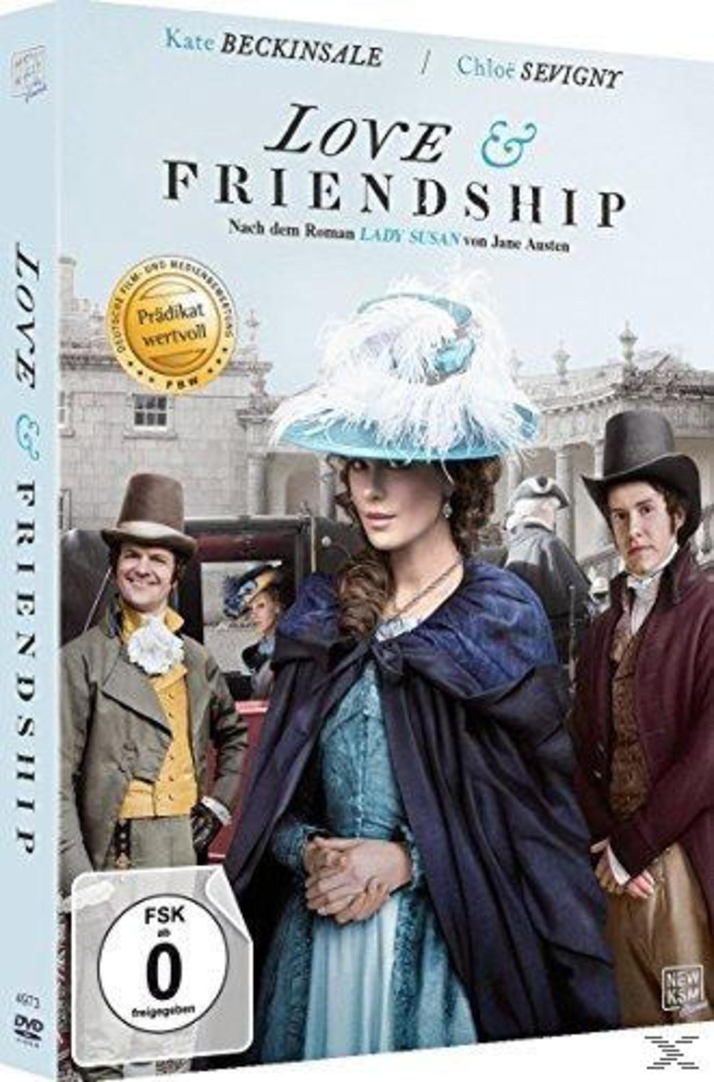 Copertina DVD con attori in costumi storici e il titolo 'Love & Friendship'.