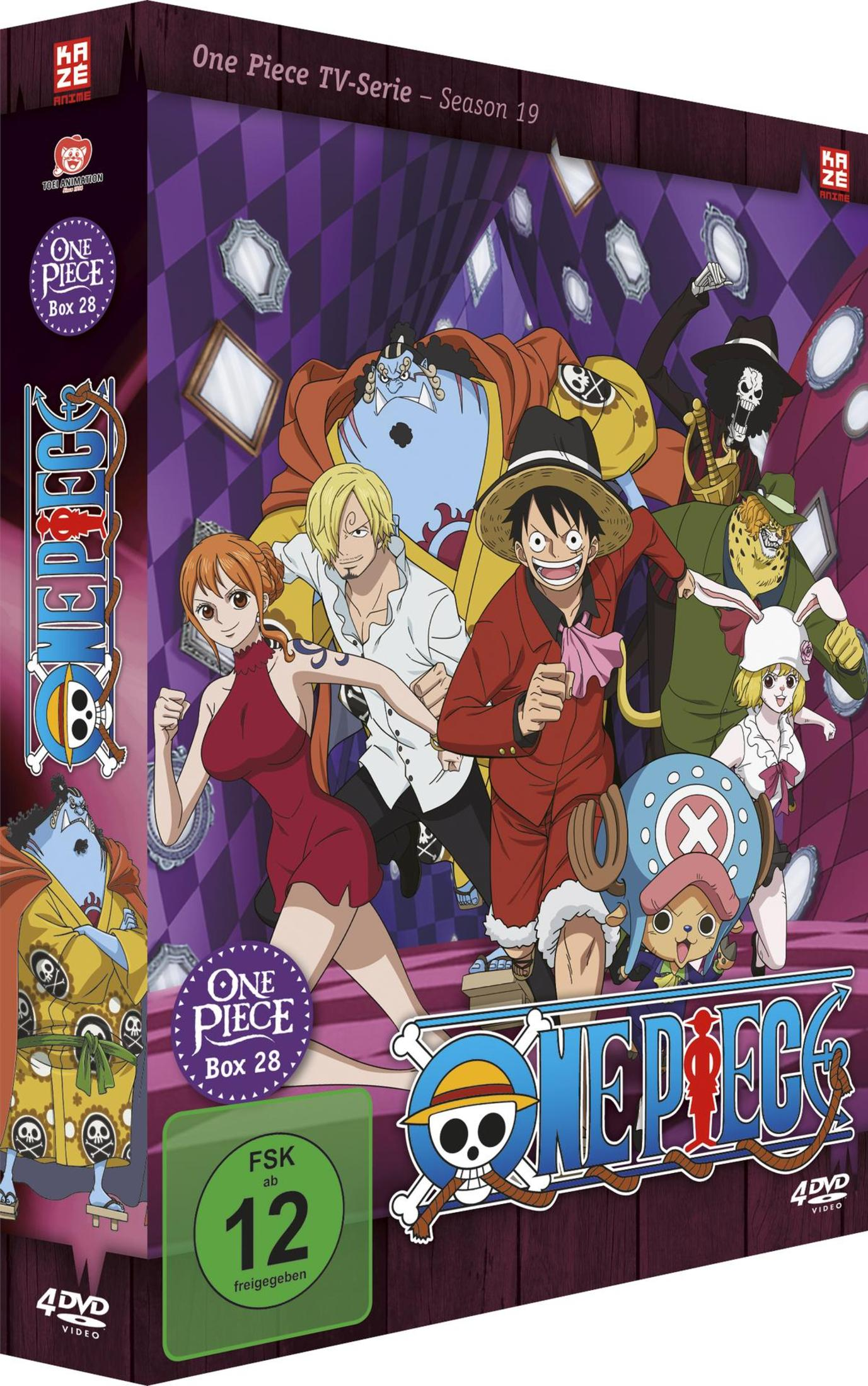 Copertina DVD One Piece Stagione 19 Box 28 con personaggi anime su sfondo viola a scacchi.