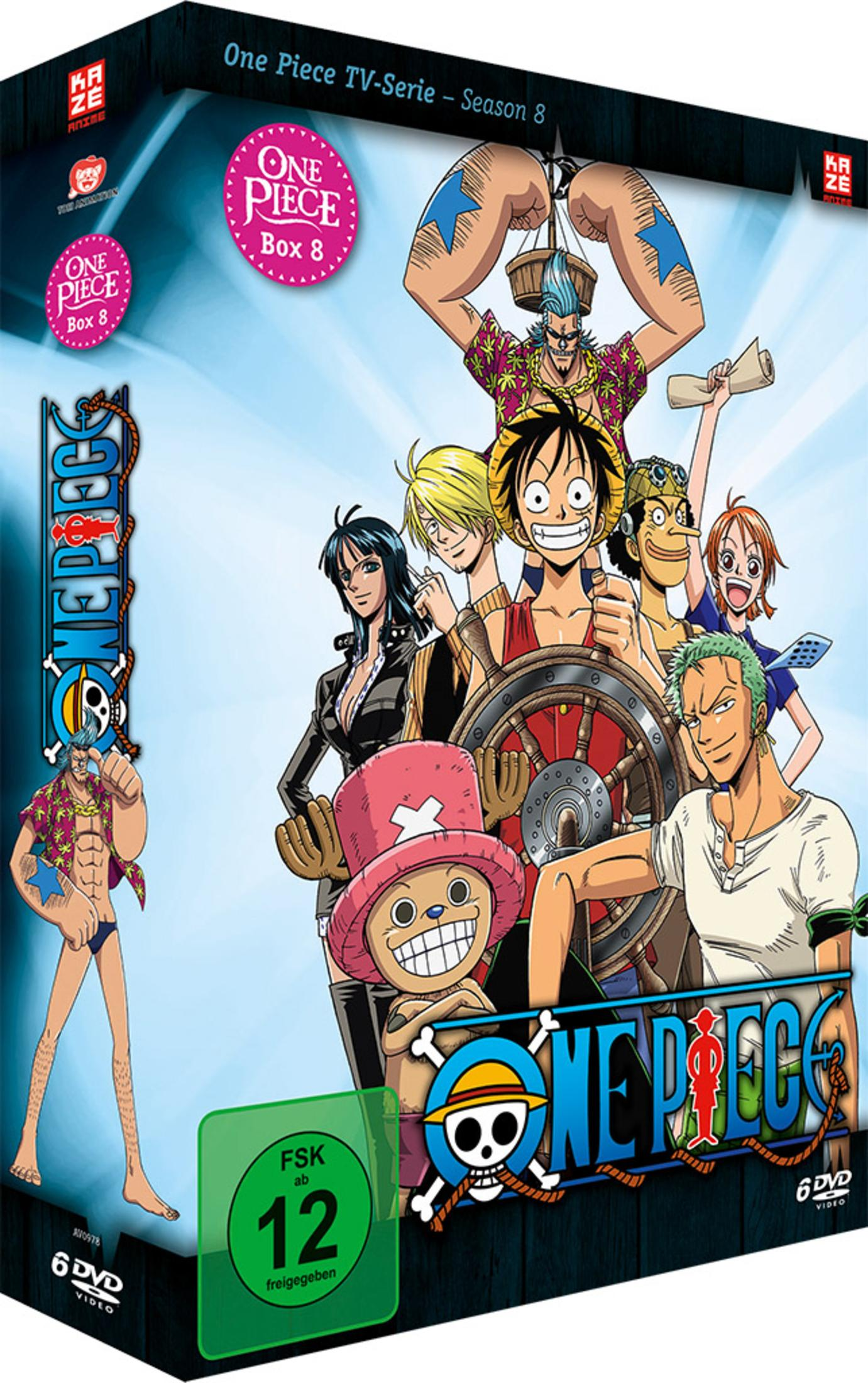 Box DVD One Piece Stagione 8 con personaggi anime. Valutazione FSK 12.