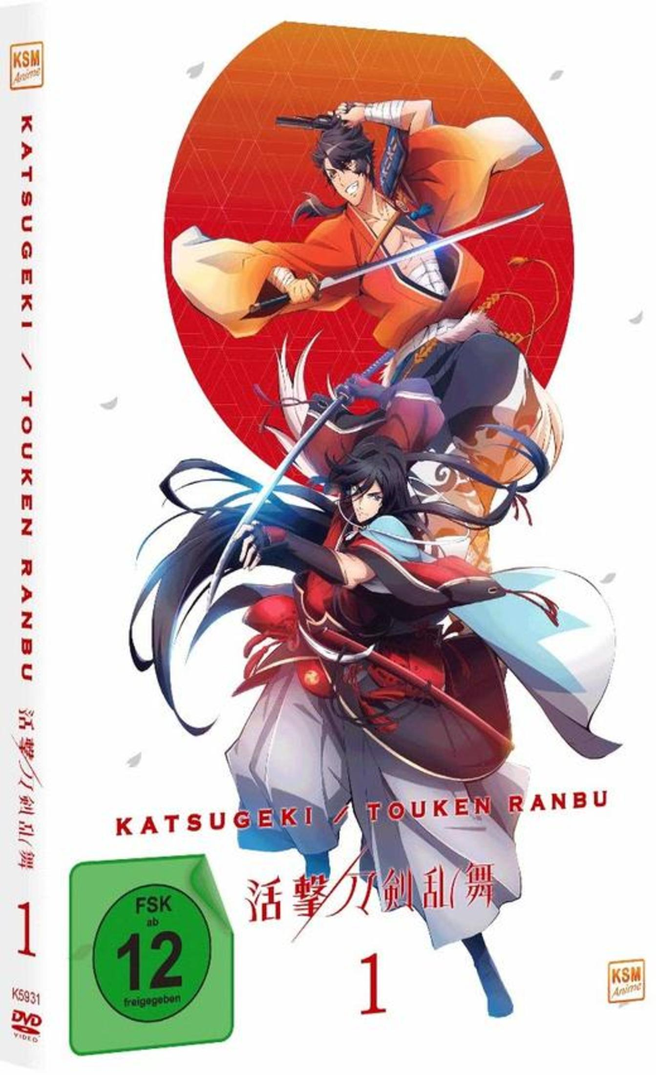 Copertina DVD anime con due figure di samurai in pose dinamiche, che impugnano spade. Testo: Katsugeki Touken Ranbu.
