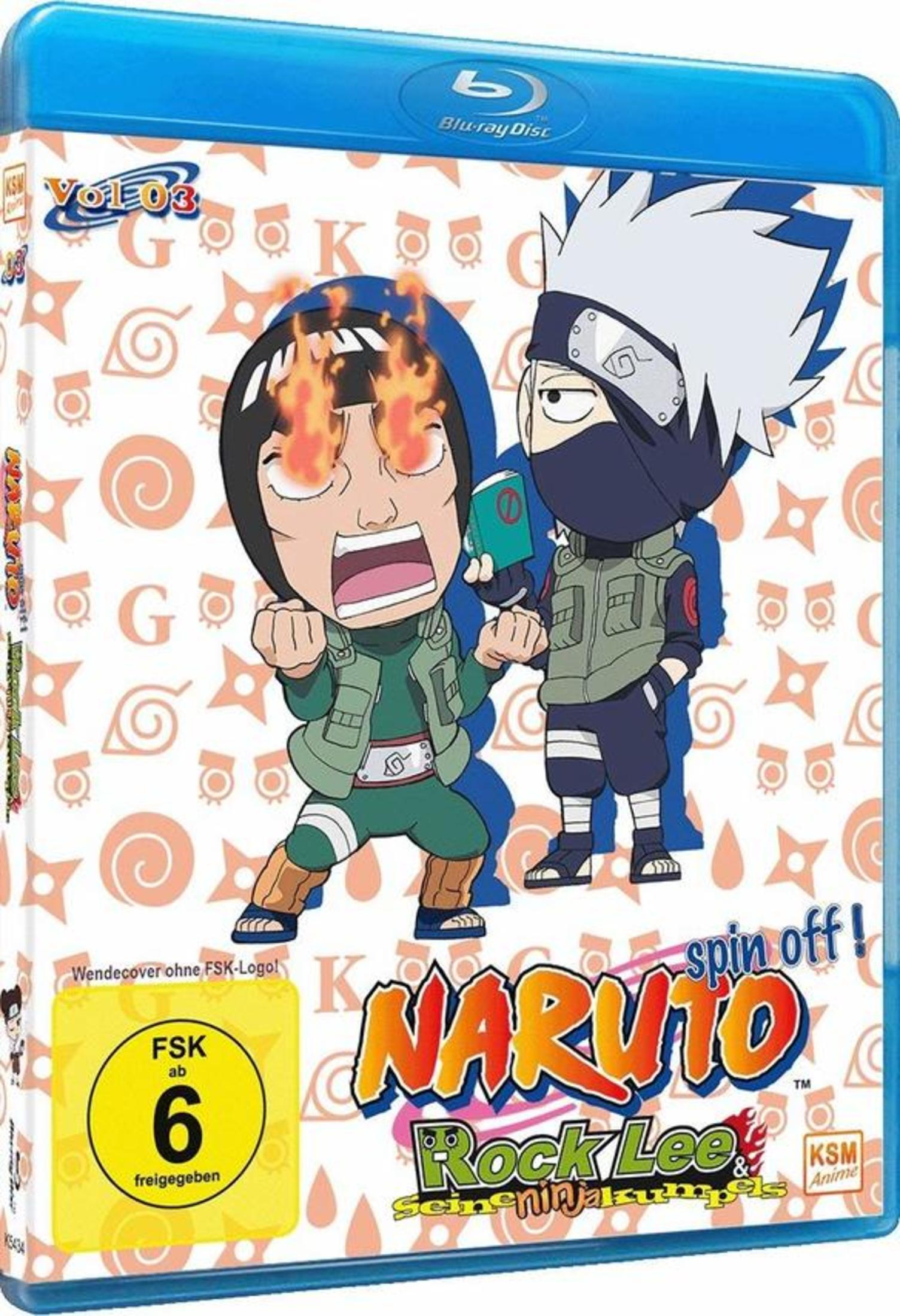Copertina Blu-ray spin-off Naruto Rock Lee con Rock Lee e Kakashi chibi.