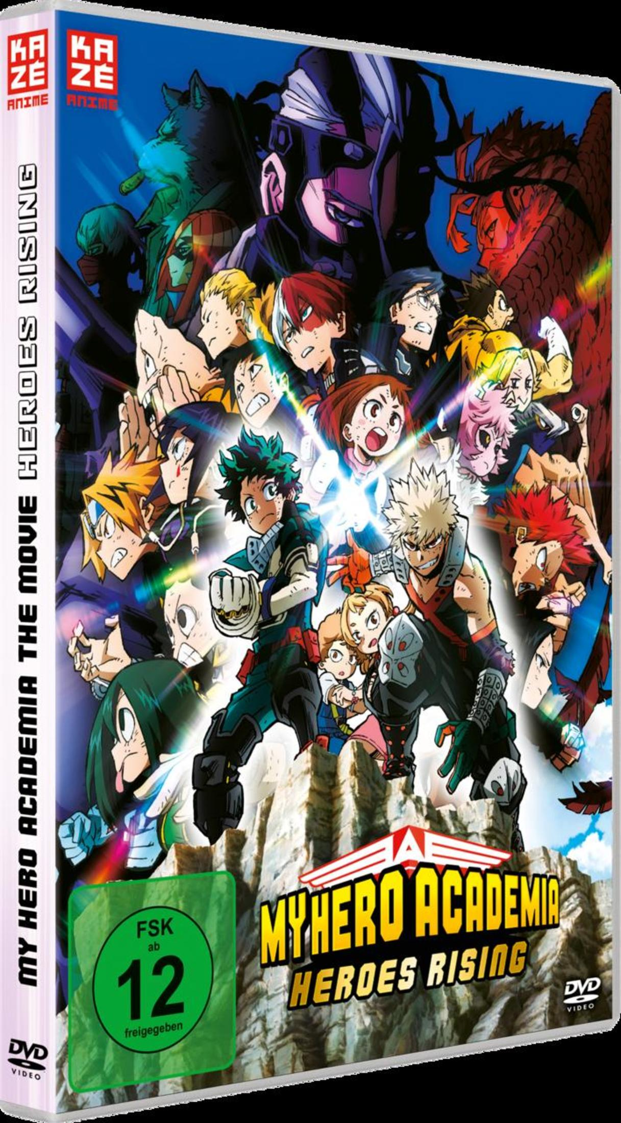 Copertina DVD My Hero Academia Heroes Rising con personaggi anime in pose d'azione.