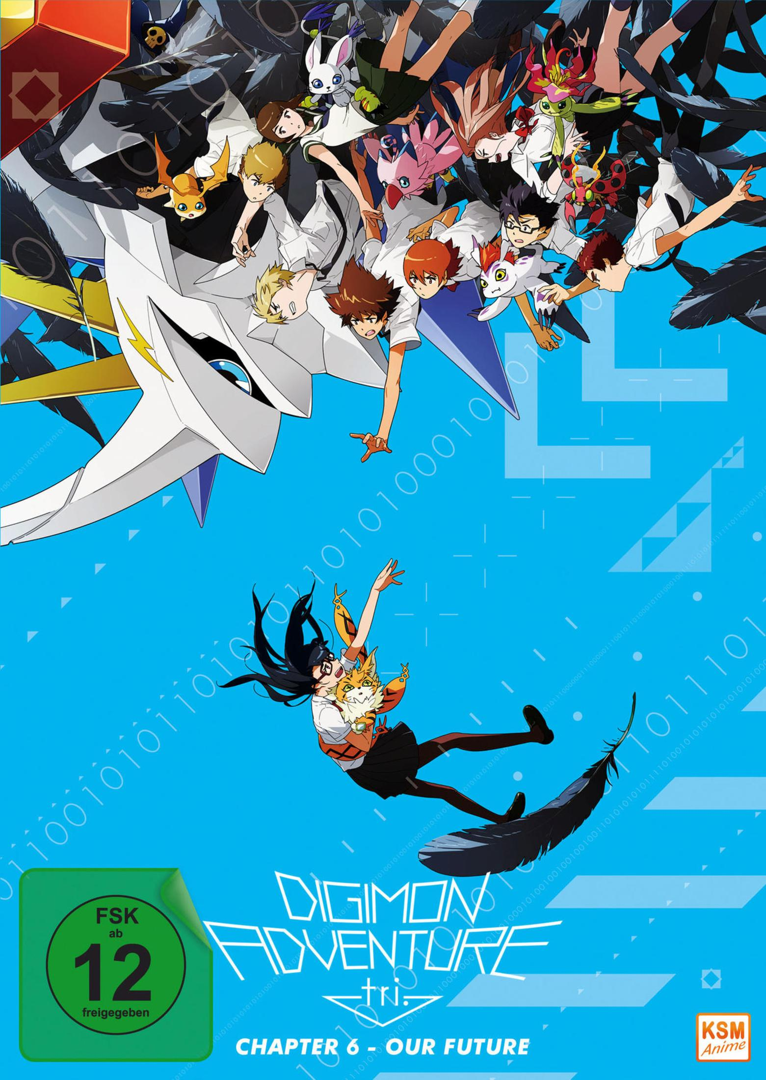 Poster di Digimon Adventure tri. Capitolo 6 con personaggi e digimon su sfondo blu.