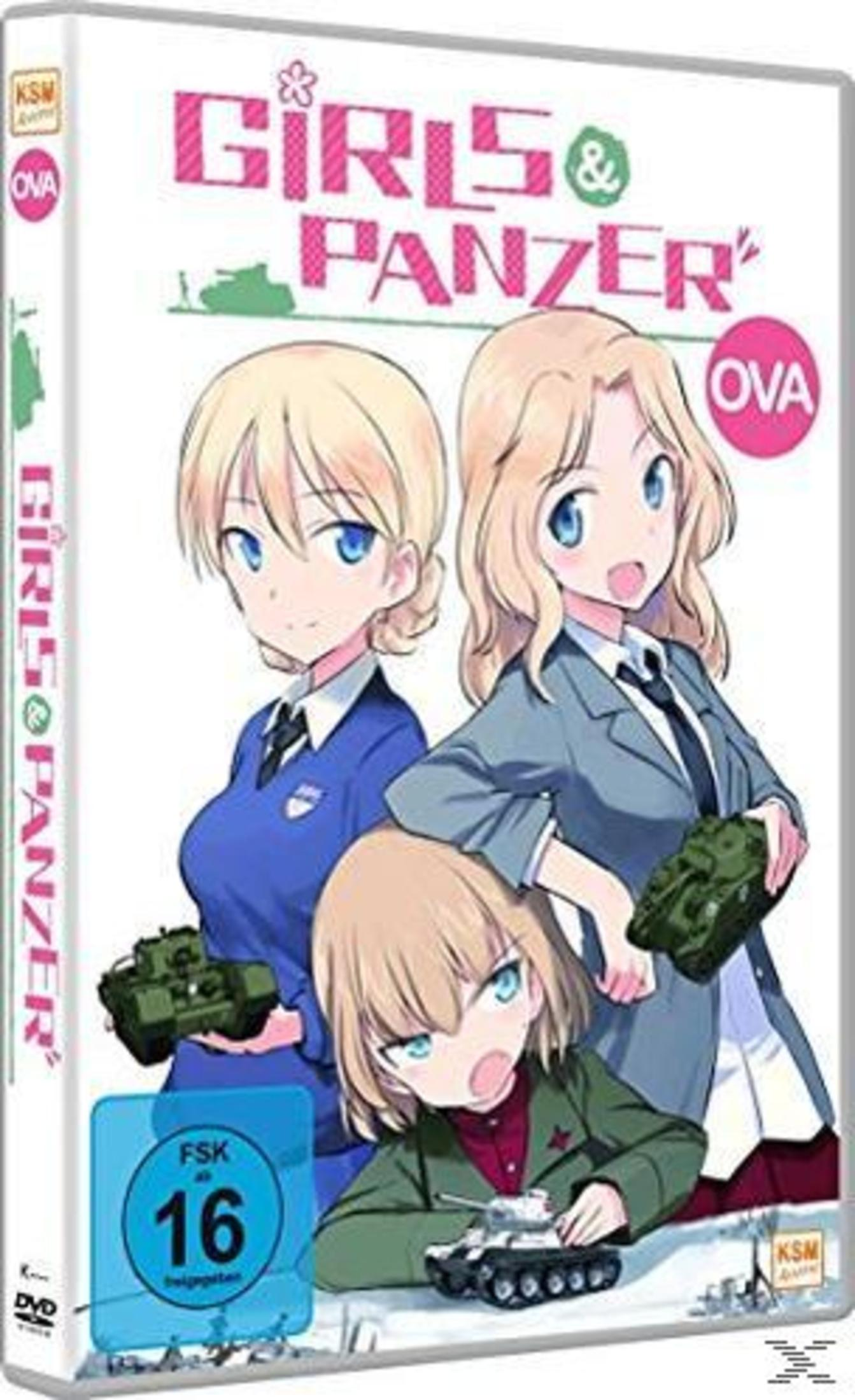 Copertina DVD Girls und Panzer OVA con tre ragazze anime e carri armati. Valutazione FSK 16.