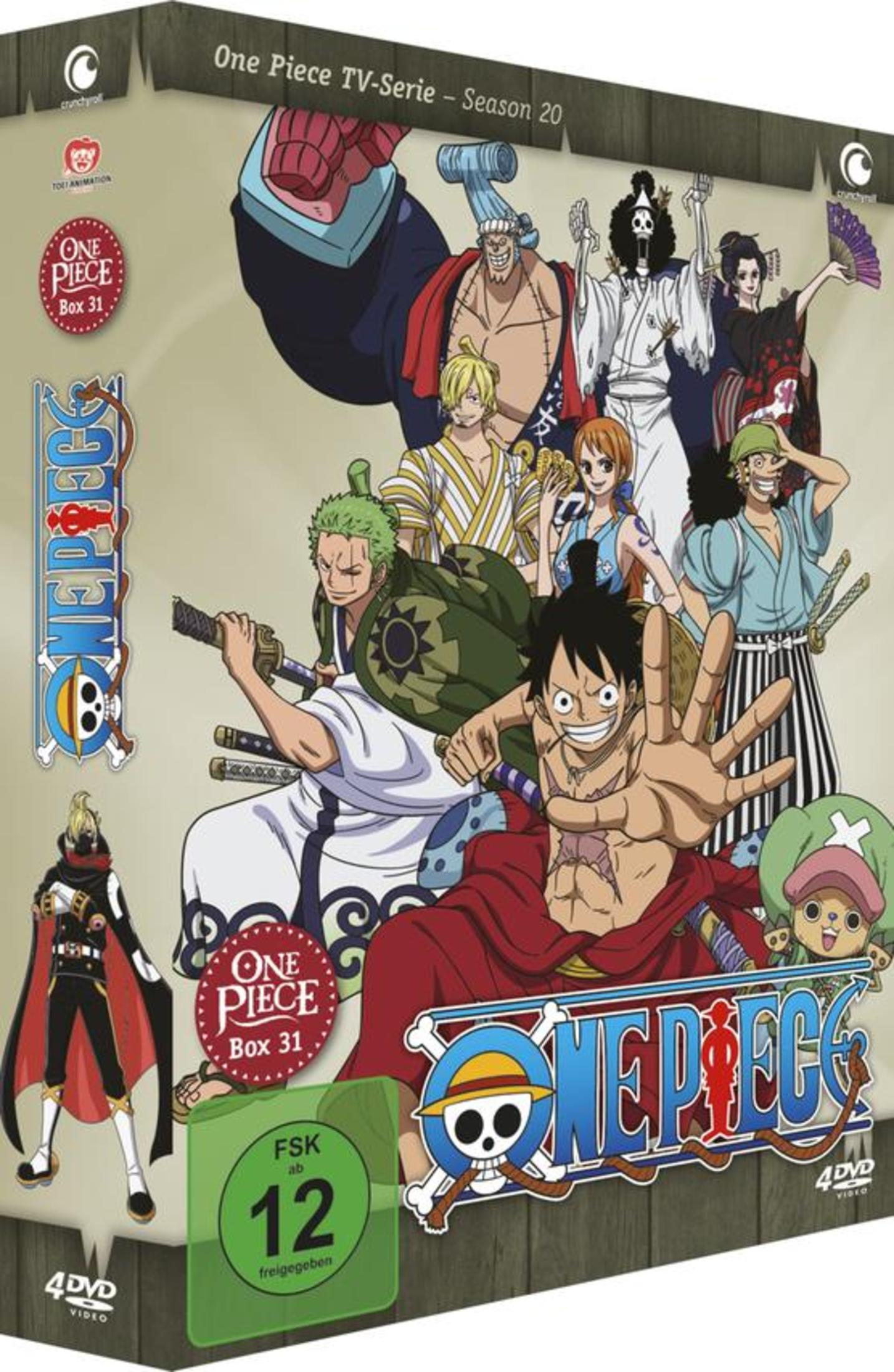 One Piece Staffel 20, Box 31 DVD-Cover mit Anime-Charakteren. FSK 12.