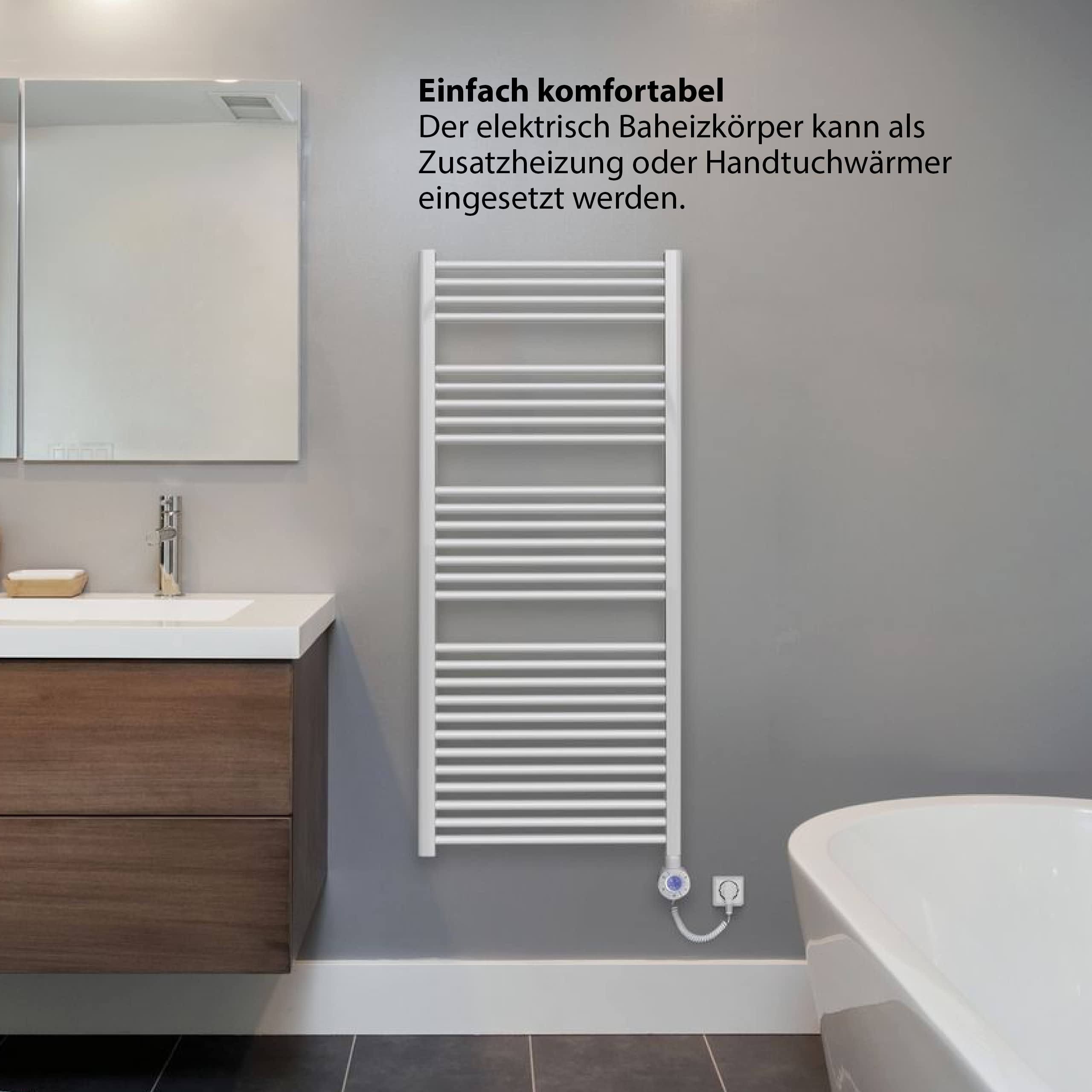 Ein wei'er Handtuchheizkörper mit vielen Stangen, montiert an einer grauen Wand.