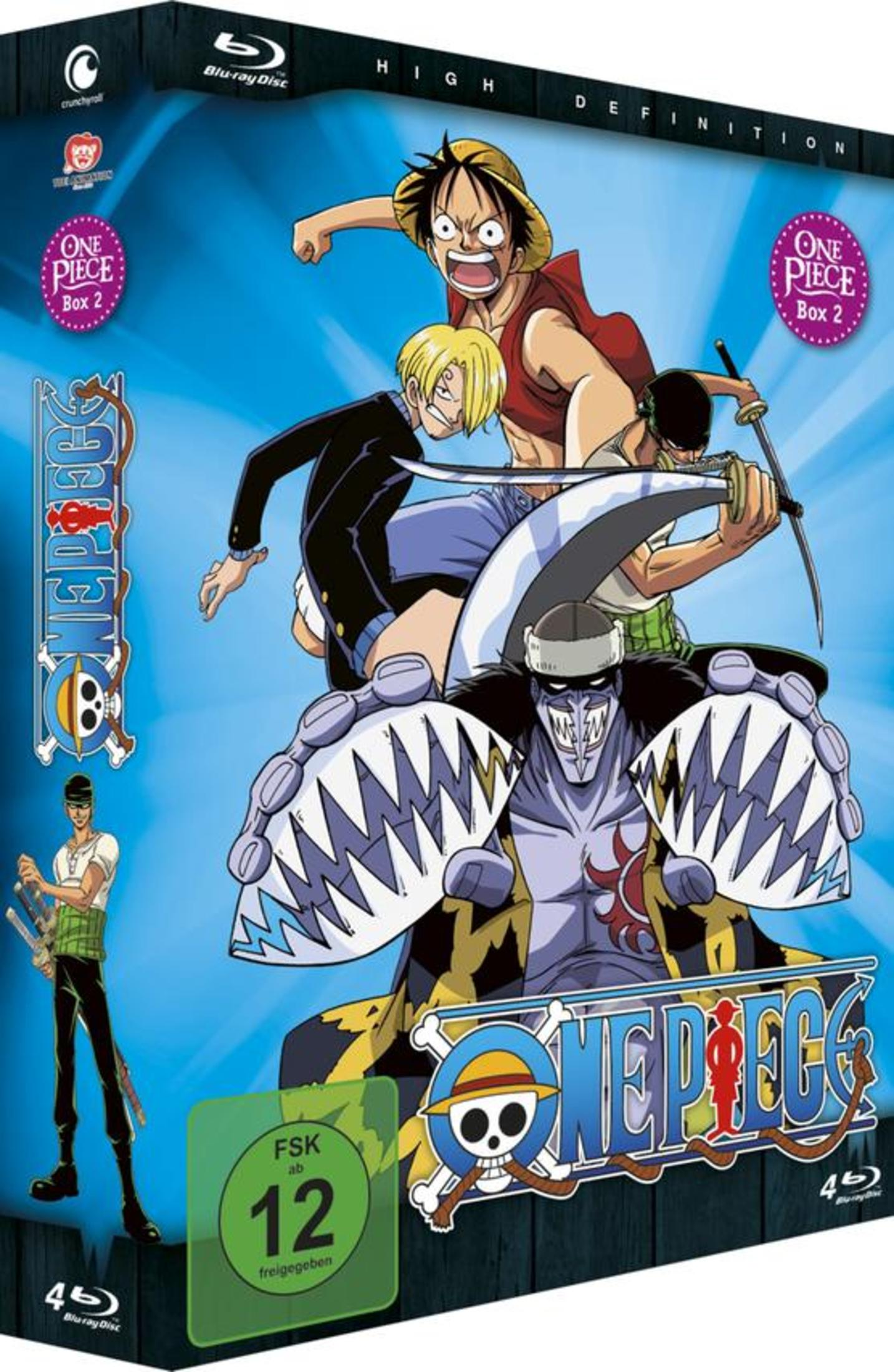 Box art anime con i personaggi Luffy, Sanji, Zoro, Arlong e Nami. Blu-ray Disc.