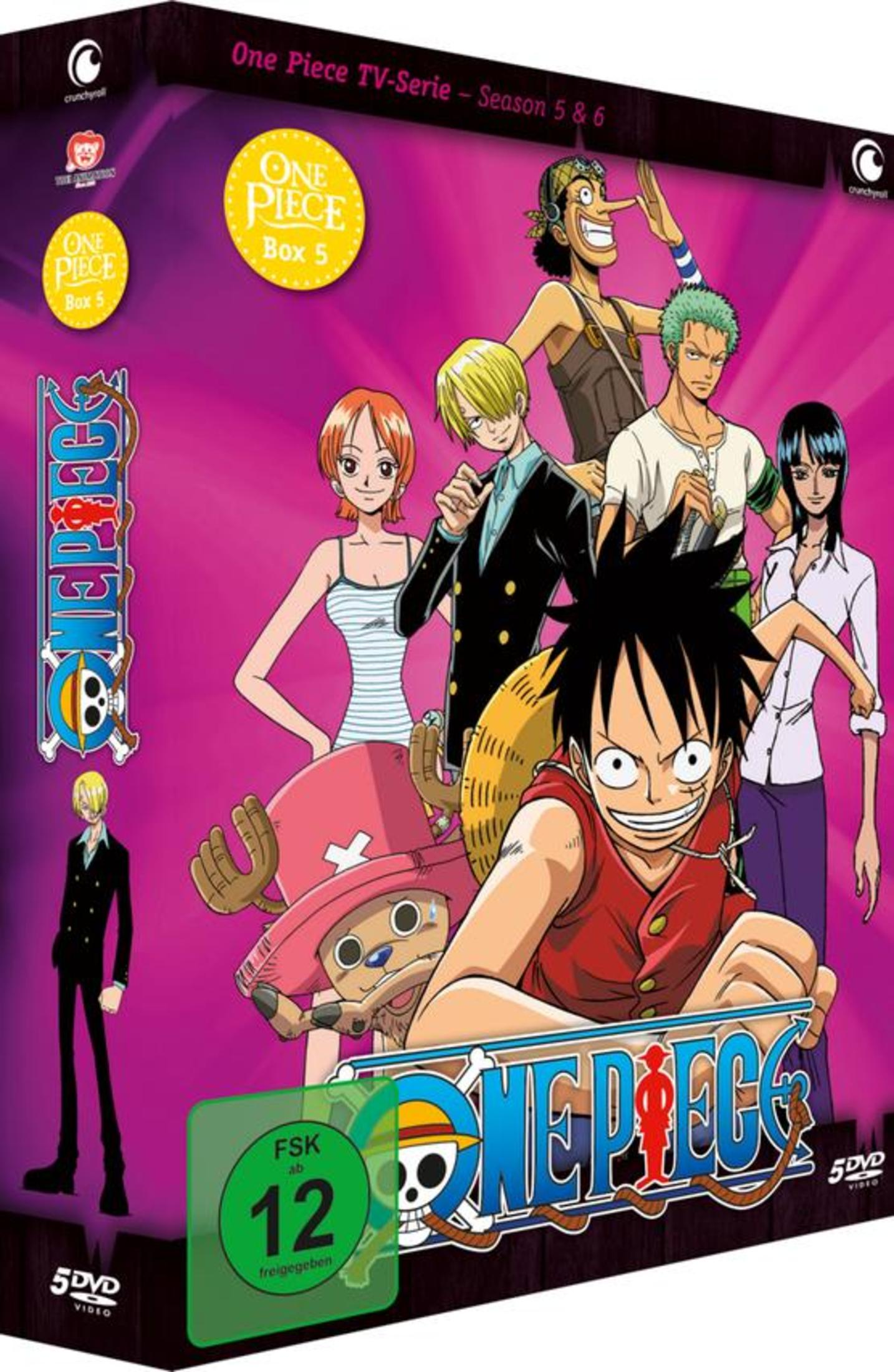 Anime DVD-Cover: One Piece Staffel 5 & 6 Box 5 mit den Charakteren Luffy, Zoro, Nami, Usopp, Chopper, Robin.