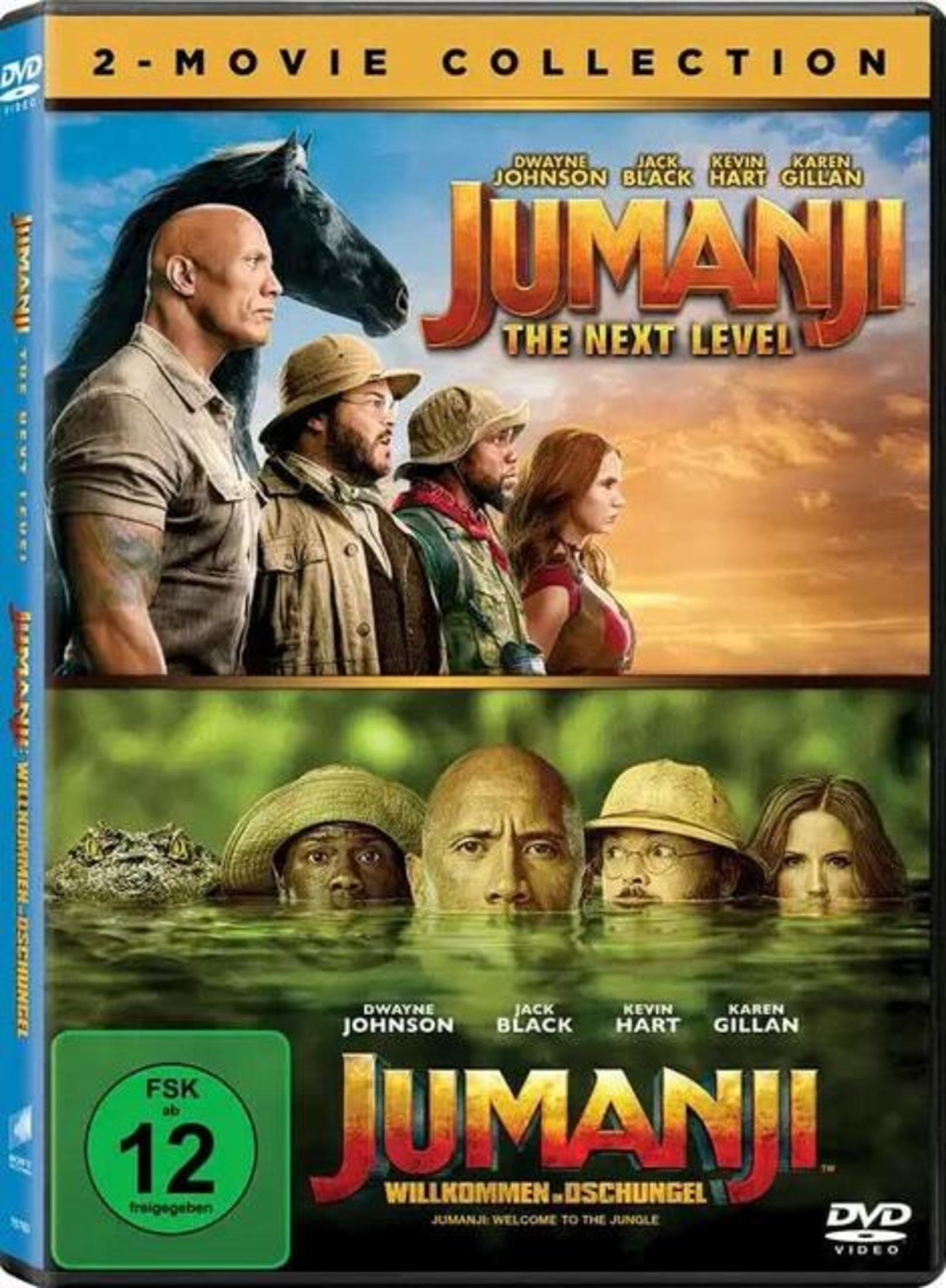 Copertina DVD con il cast di Jumanji e un coccodrillo in acqua.