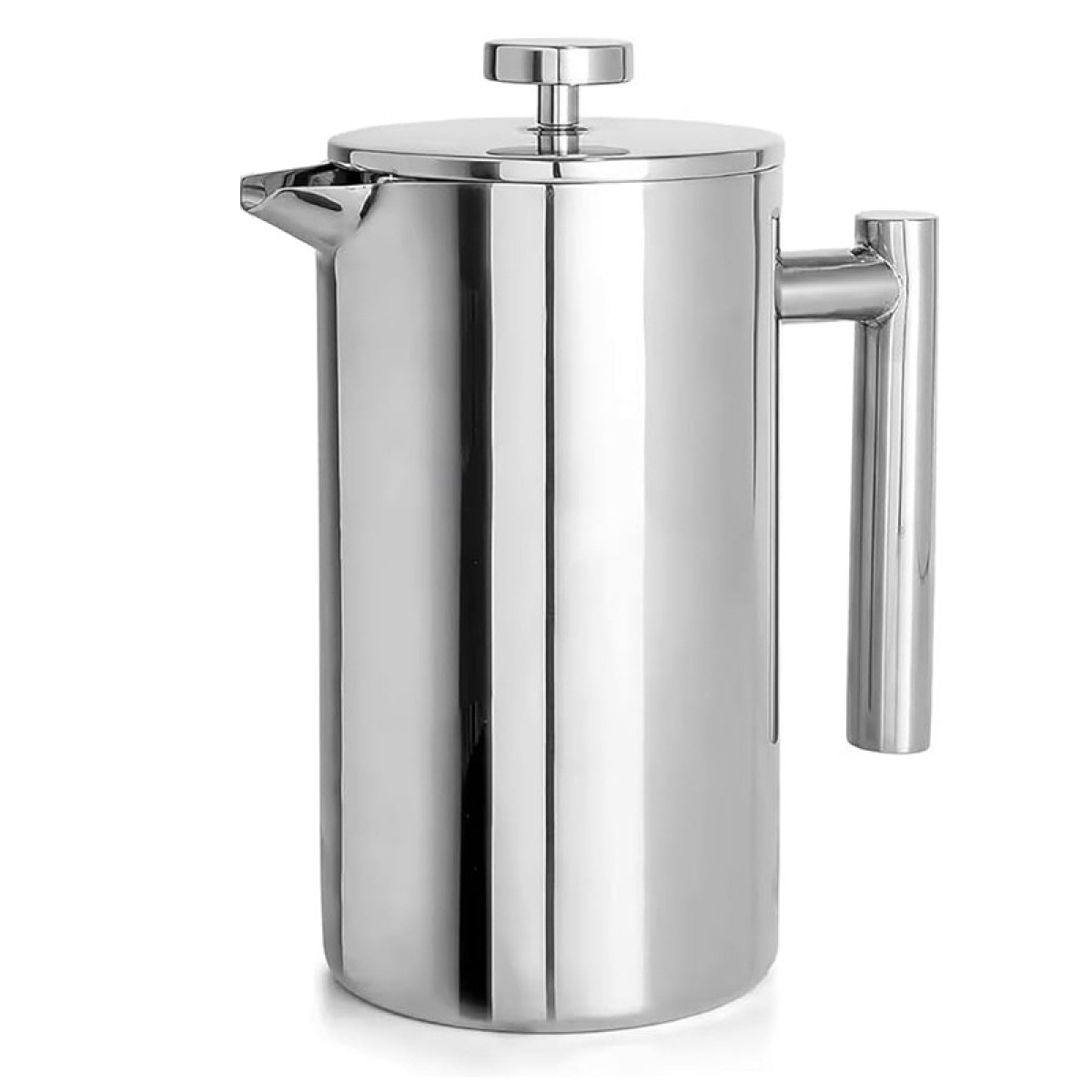 Błyszcząca srebrna prasa francuska z uchwytem i pokrywką, na białym tle.