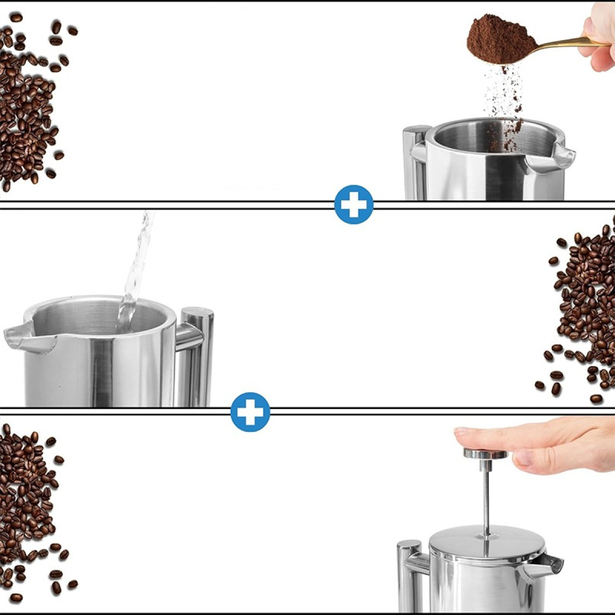 Kroki zaparzacza: Dodać kawę mieloną, gorącą wodę, nacisnąć tłok.