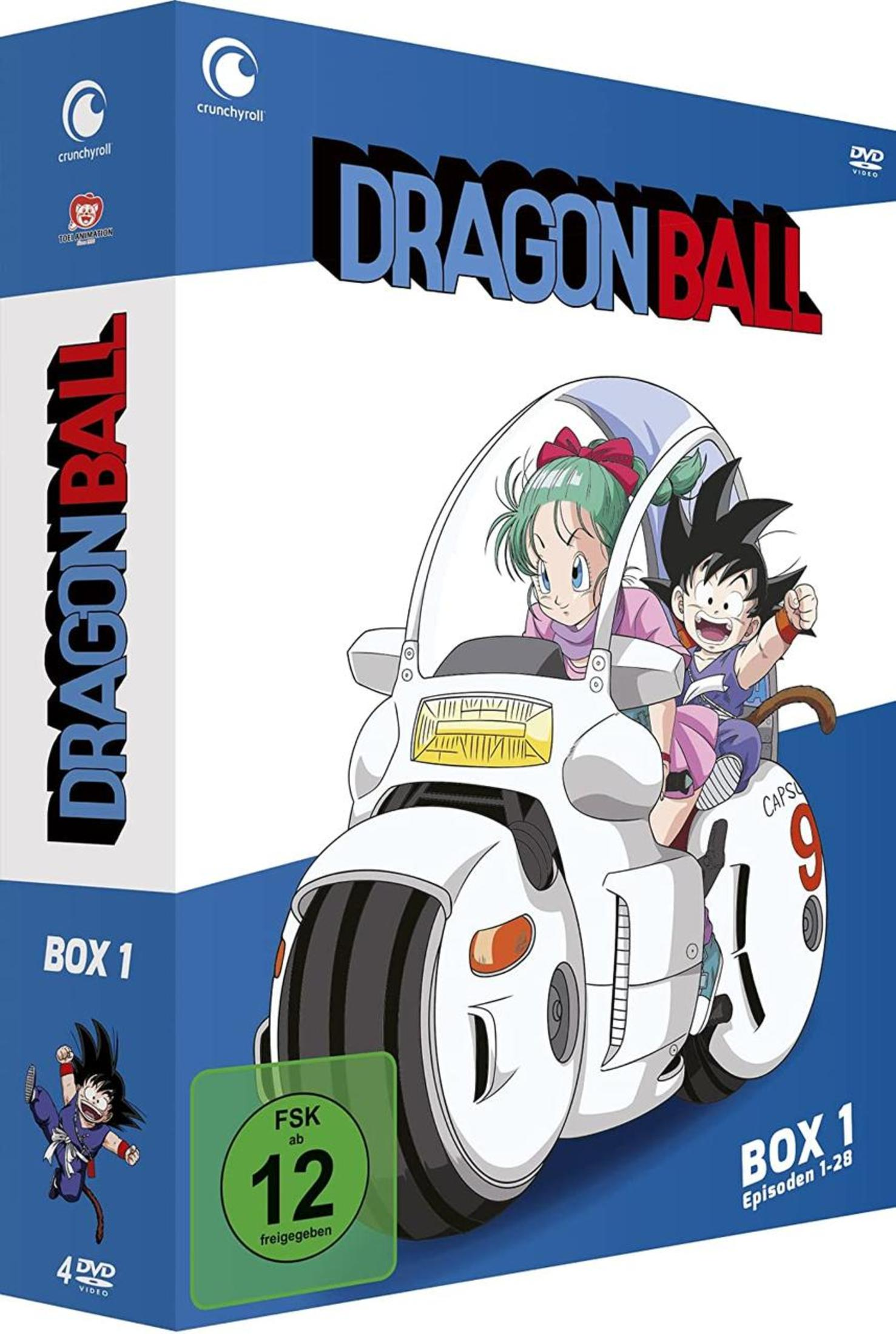 Dragon Ball Box 1 DVD-Hülle mit Goku und Bulma auf einem Motorrad.