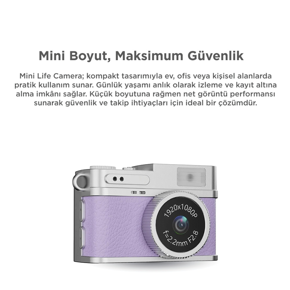 Gümüş detaylı kompakt mor kamera, günlük kullanım ve güvenlik için idealdir.