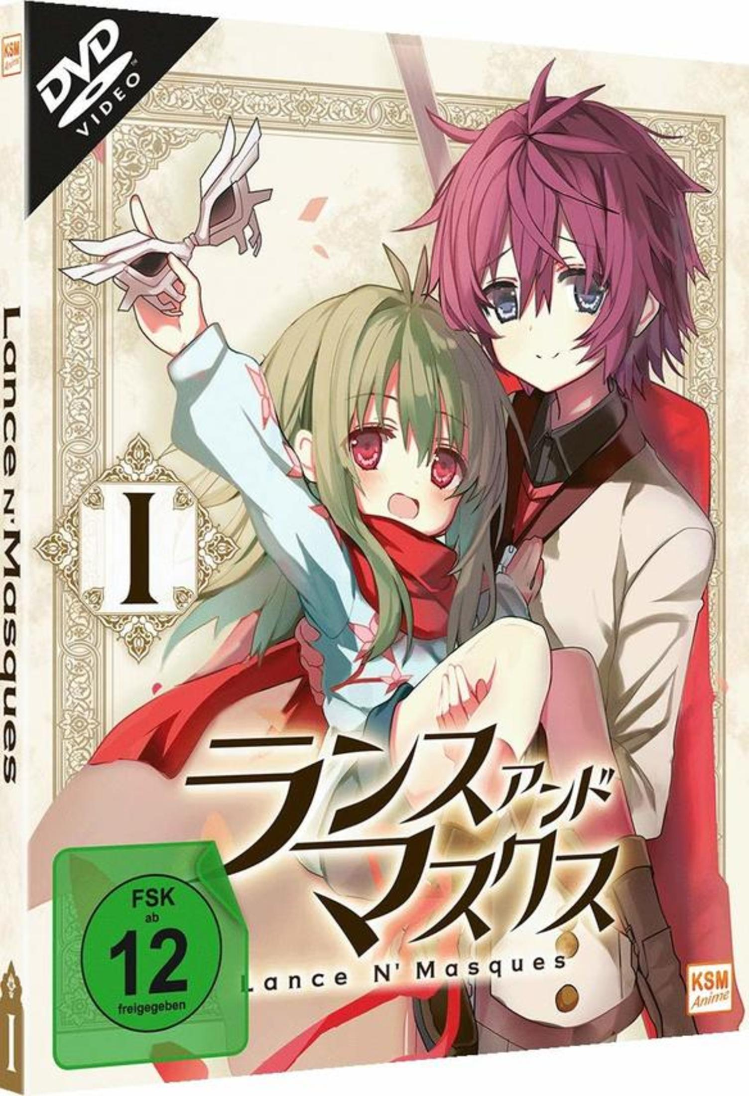 Copertina DVD anime: Un ragazzo dai capelli viola tiene una ragazza dai capelli verdi, lei tiene una maschera.