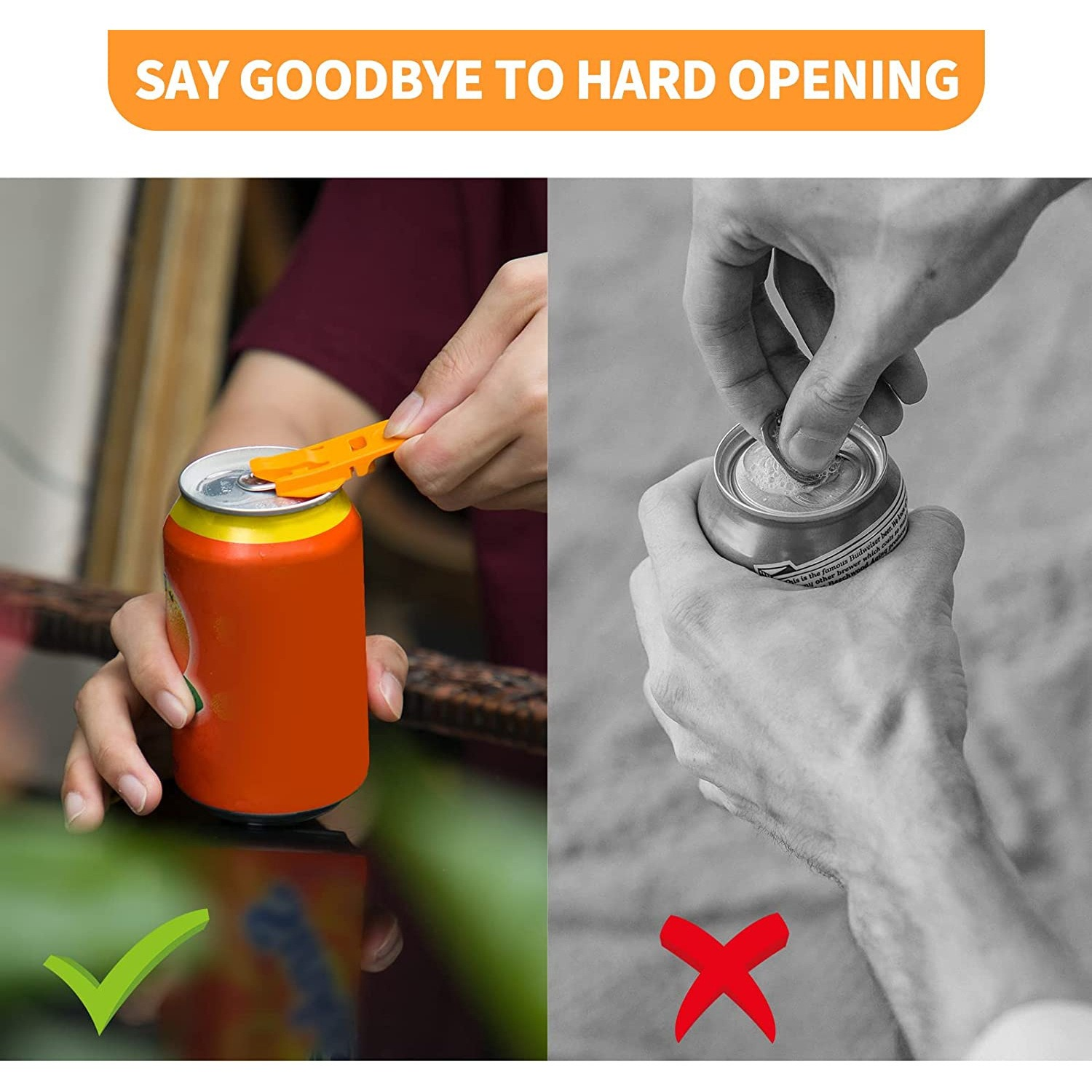 Orange Dose mit neuem Öffner (links) vs. Dose mit bloßen Händen (rechts).