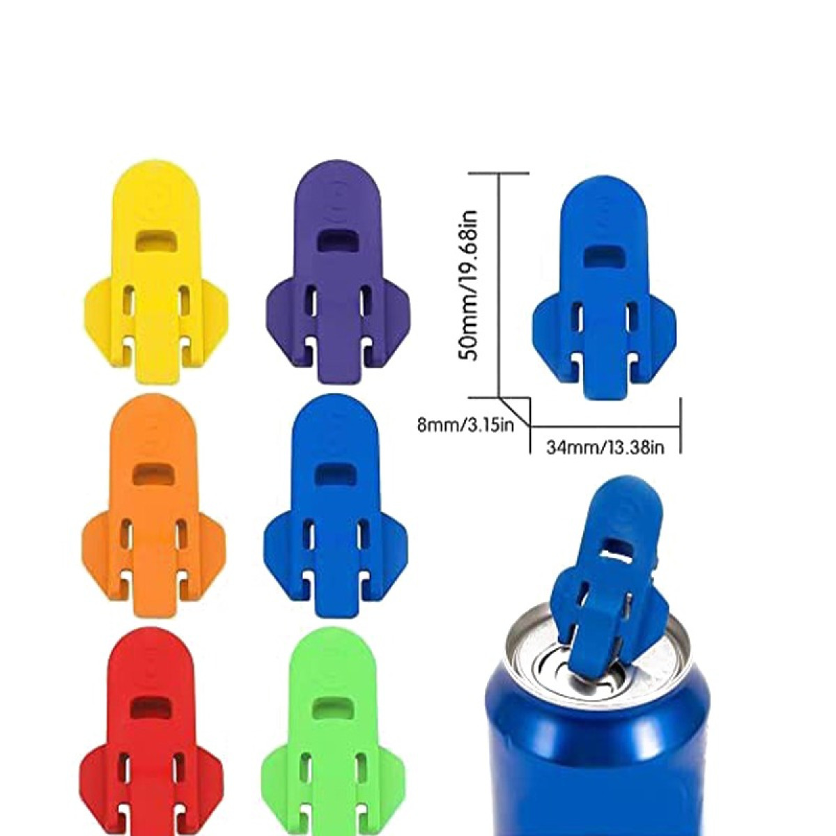 Sei apriscatole colorati a forma di razzo e una lattina blu con un apriscatole.