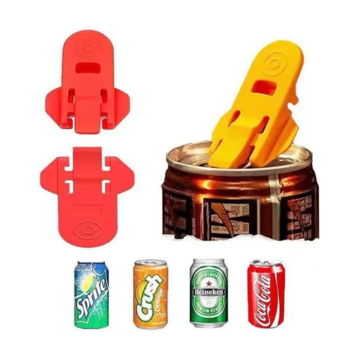Apriscatole rossi e quattro lattine di bevande: Sprite, Crush, Heineken, Coca-Cola.