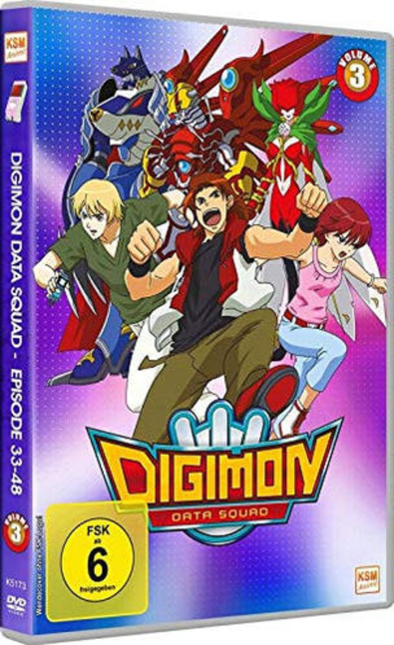 Copertina DVD Digimon Data Squad Volume 3 con personaggi e Digimon.