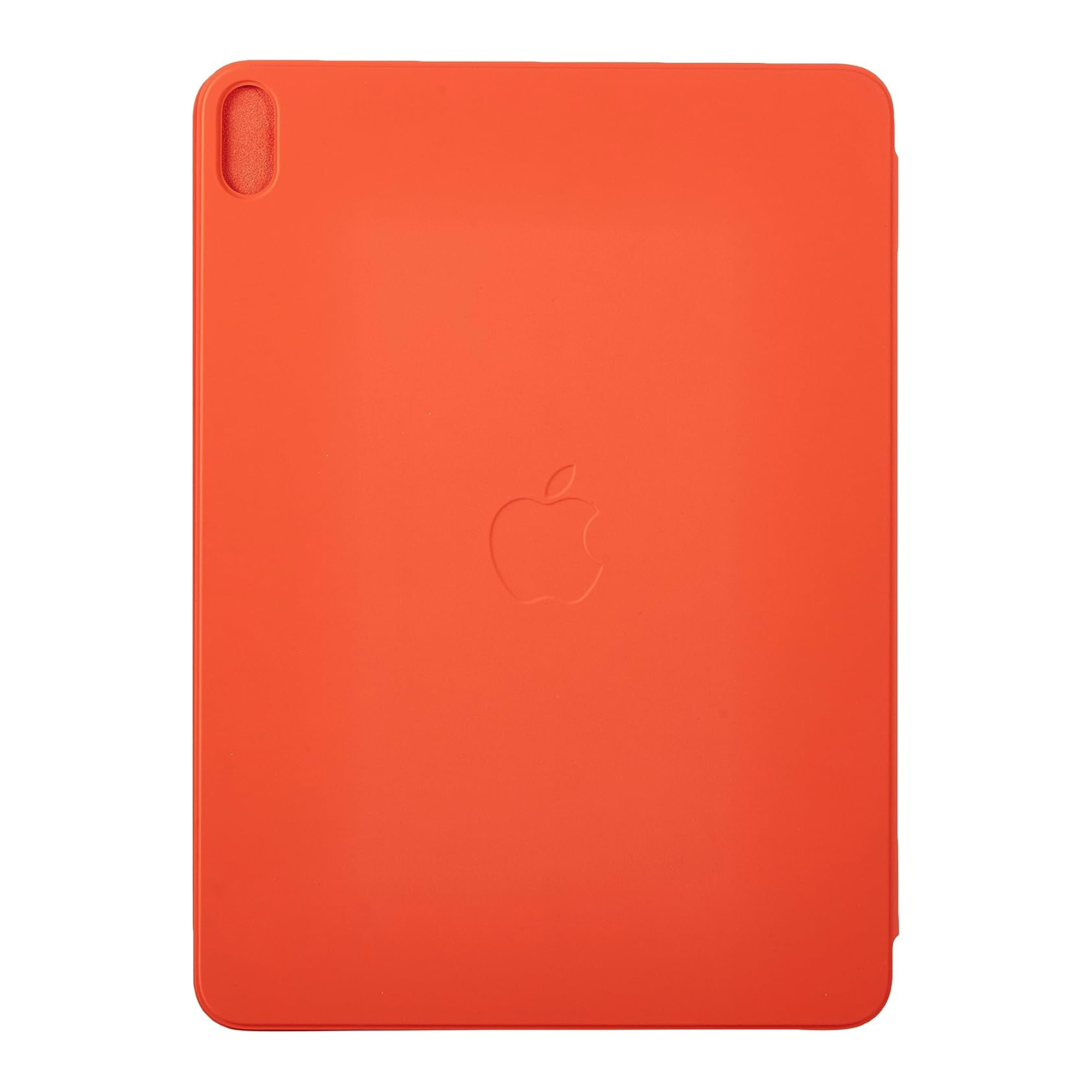 Custodia arancione per tablet con logo Apple in rilievo. Design pulito.