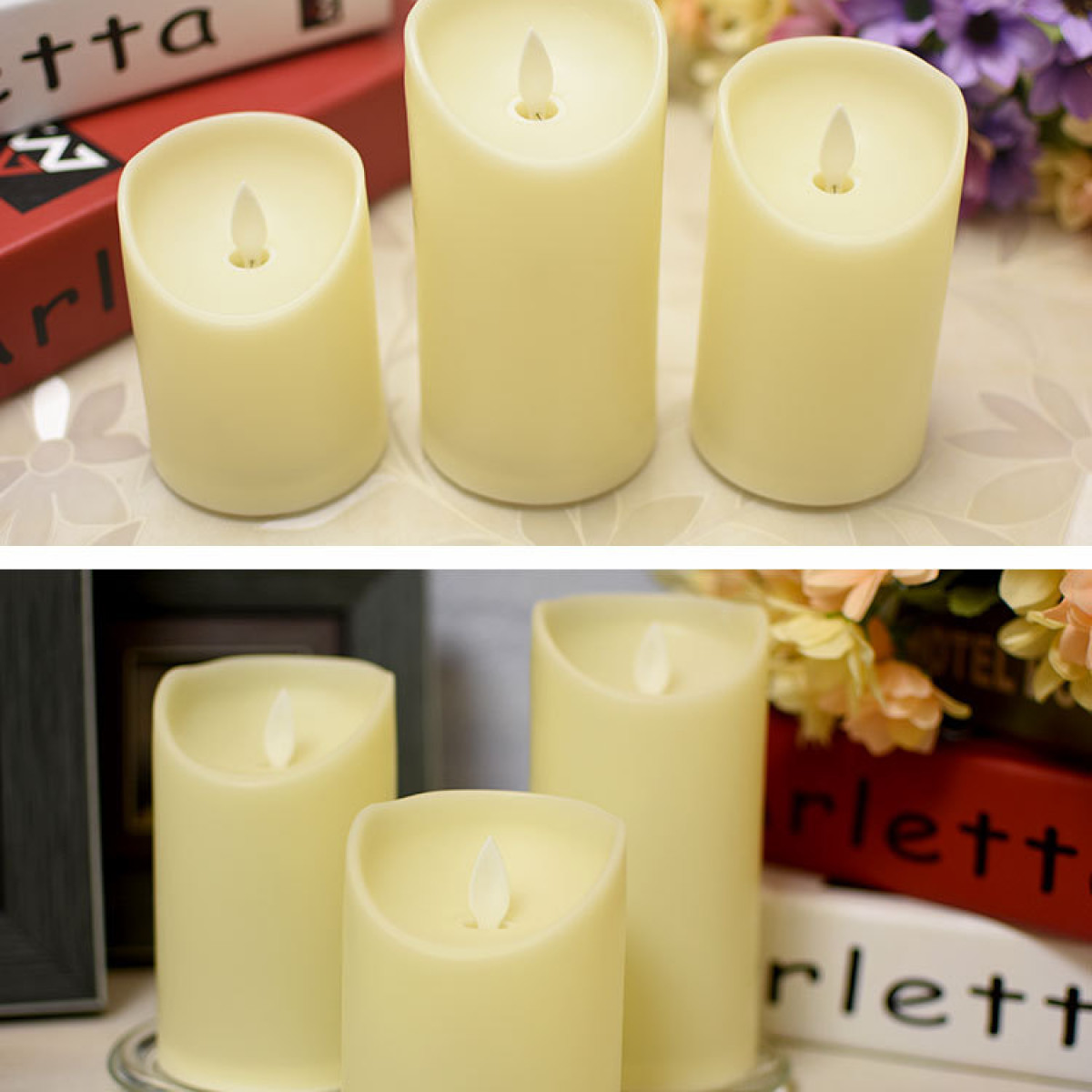 Cztery kremowe świece słupkowe LED z efektem migoczącego płomienia.