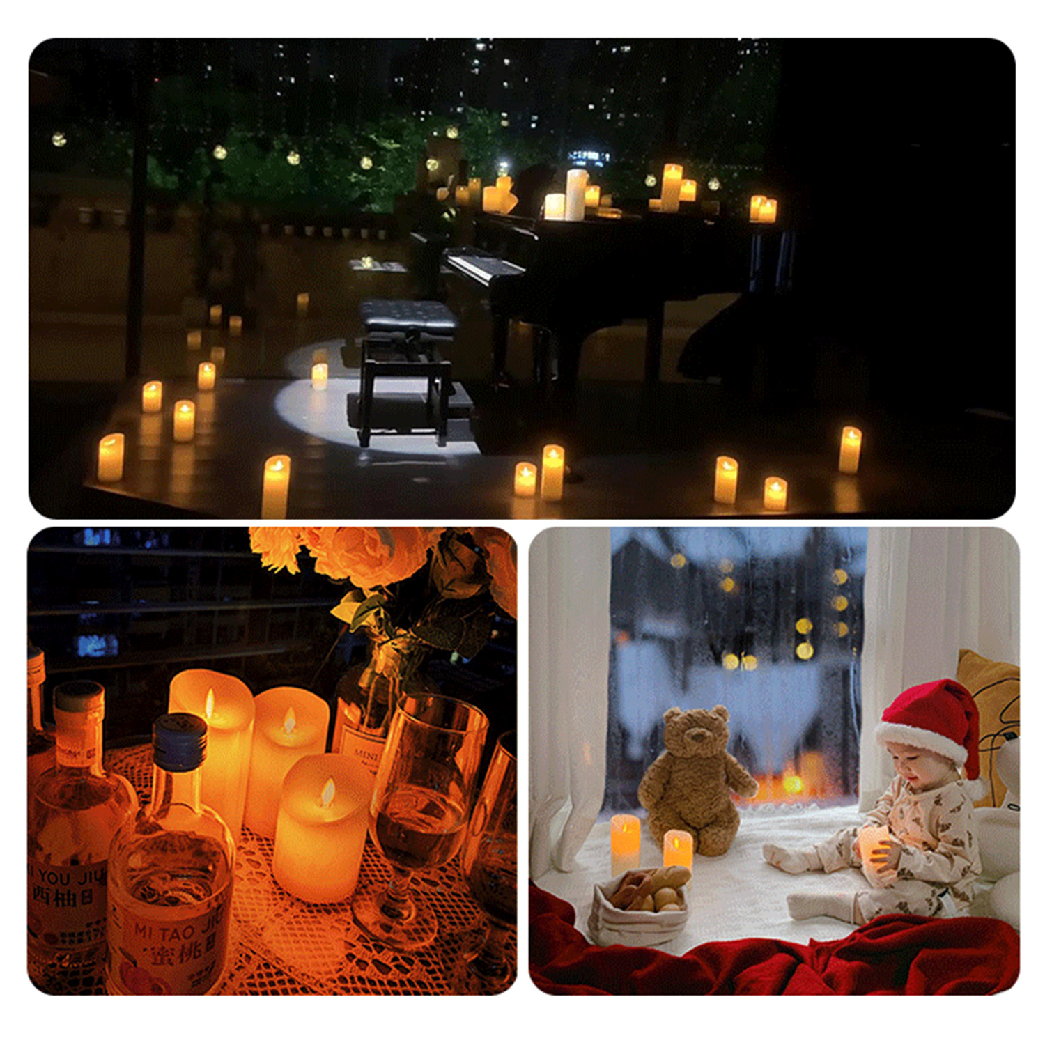 Obrazy świec, pianina, butelek i dziecka z misiem.