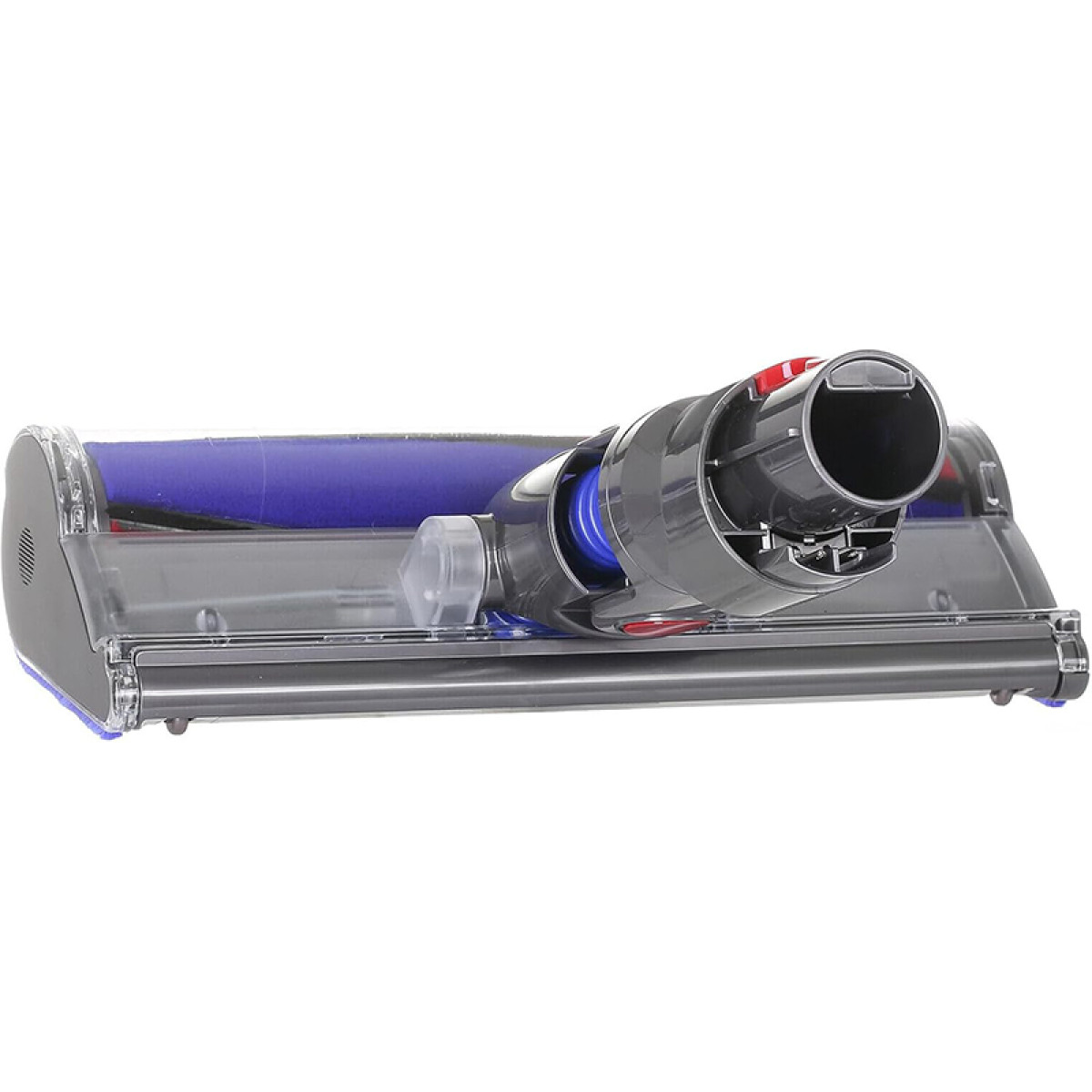 Szara głowica odkurzacza z niebieskim wałkiem szczotkowym i przezroczystą obudową.