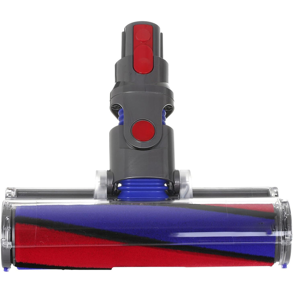 Głowica odkurzacza z czerwoną i niebieską szczotką, szarą rączką i czerwonymi przyciskami.