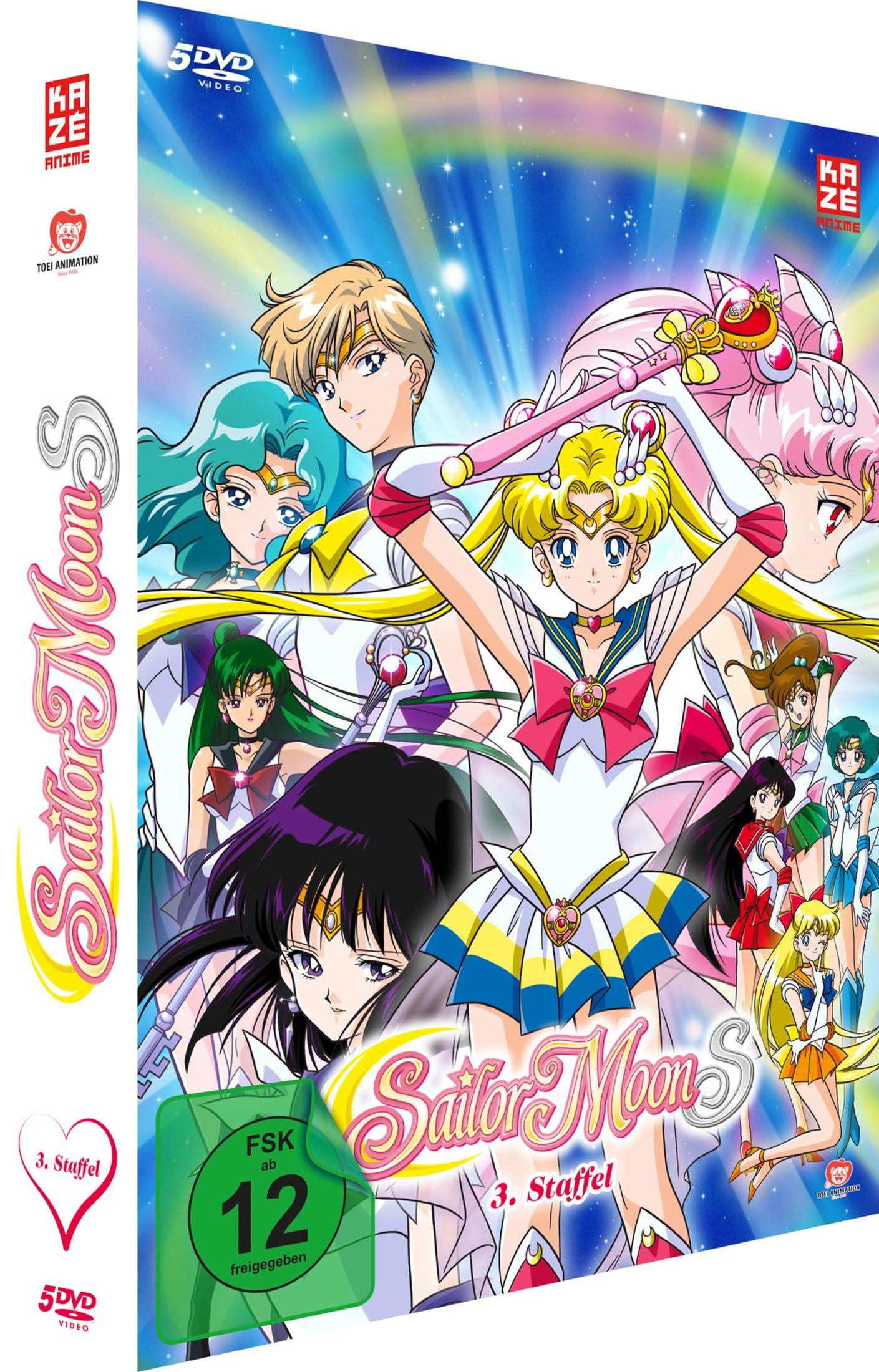 Copertina DVD Sailor Moon S con personaggi. Include classificazione FSK 12. Arte anime.