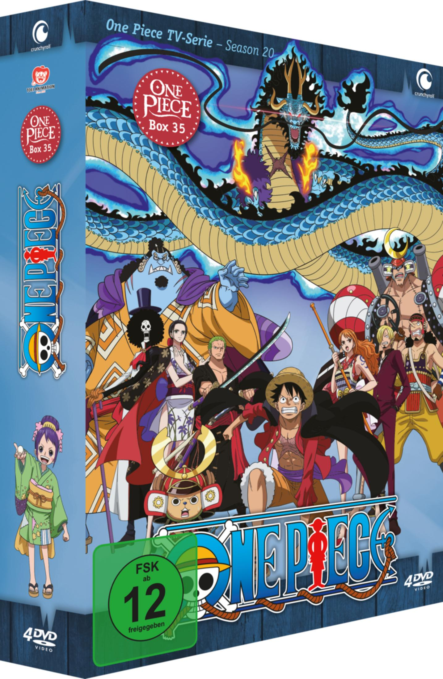 Anime-Cover mit Drachen, Piraten und dem Titel 'One Piece - Box 35'.