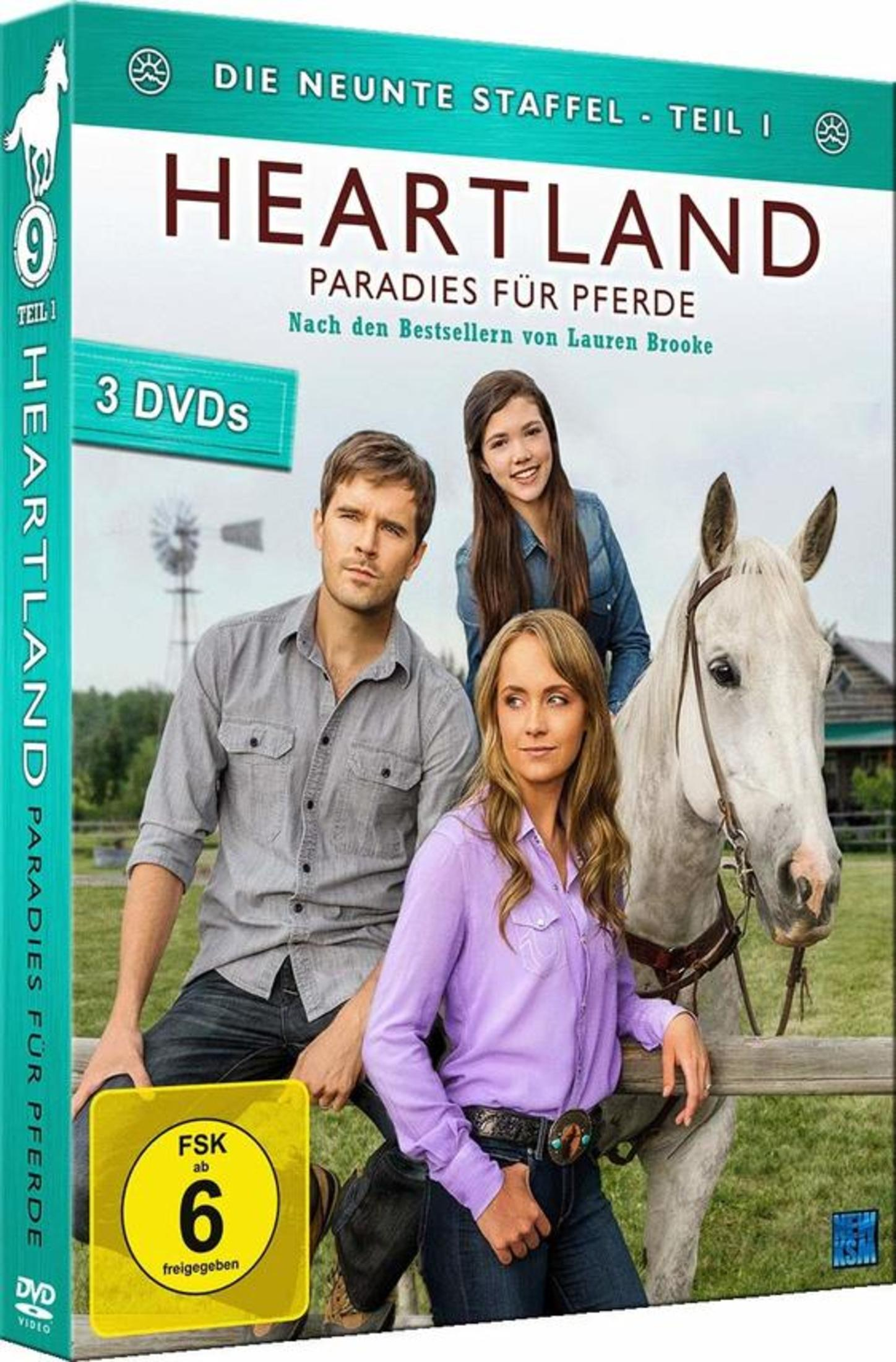 Copertina DVD Heartland: Uomo, donna e ragazza con cavallo bianco. Testo menziona Stagione 9, Parte 1.