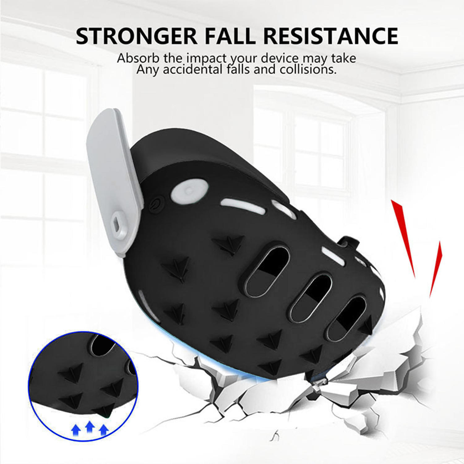 Czarna obudowa ochronna z kolcami, pokazująca odporność na upadki na pękającej powierzchni.