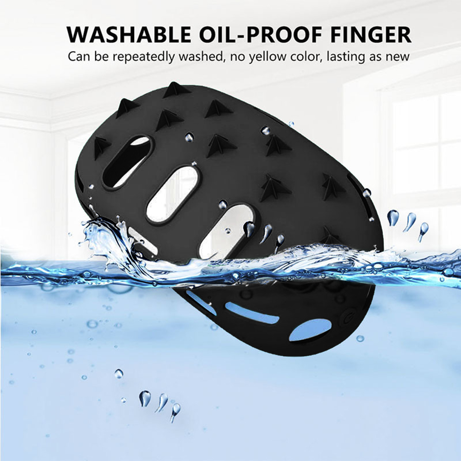 Czarny, zmywalny, olejoodporny ochraniacz na palec z kolcami, zanurzony w wodzie.