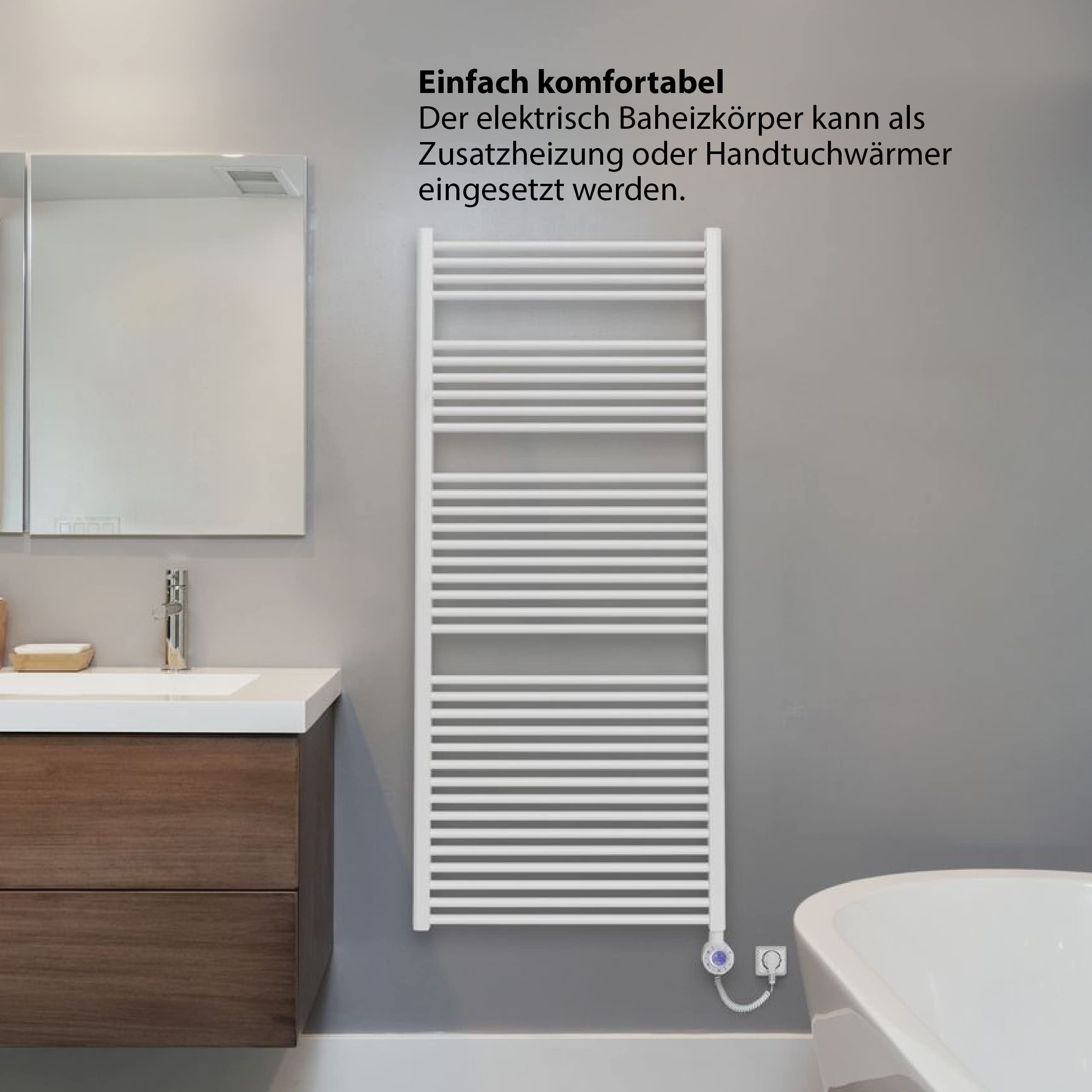Ein weißer Handtuchwärmer mit vielen Streben hängt an einer grauen Wand neben einem Waschbecken.