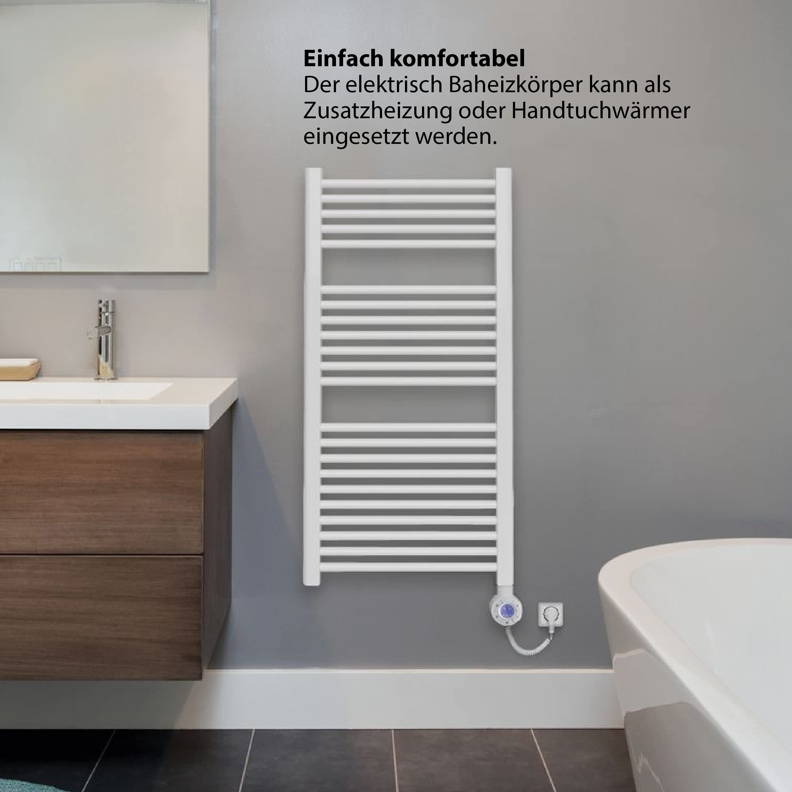 Ein weißer Handtuchwärmer mit Heizkörperstäben an einer grauen Wand über einem Waschtisch.