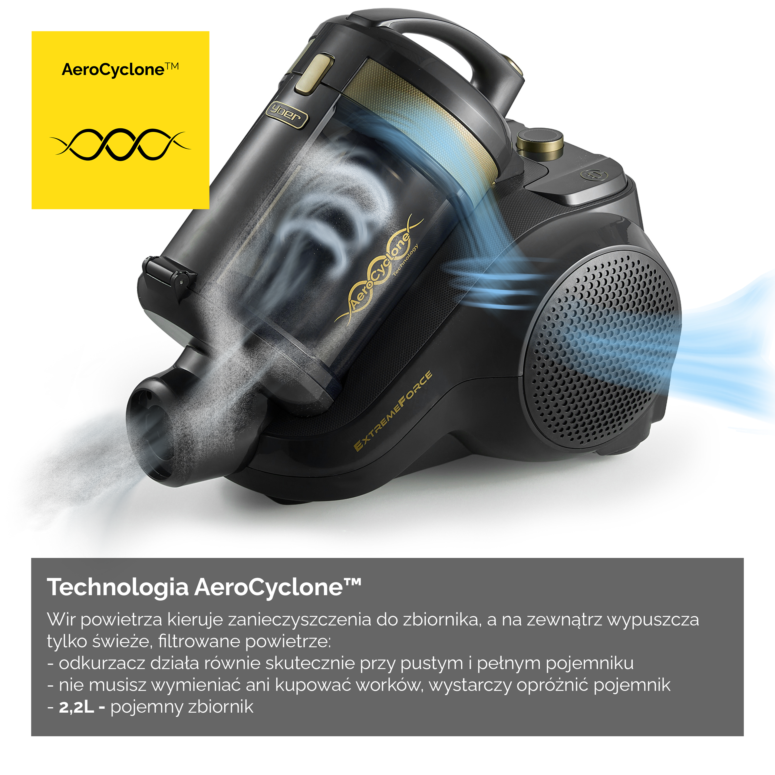 Czarny odkurzacz z technologią AeroCyclone, filtrujący powietrze.