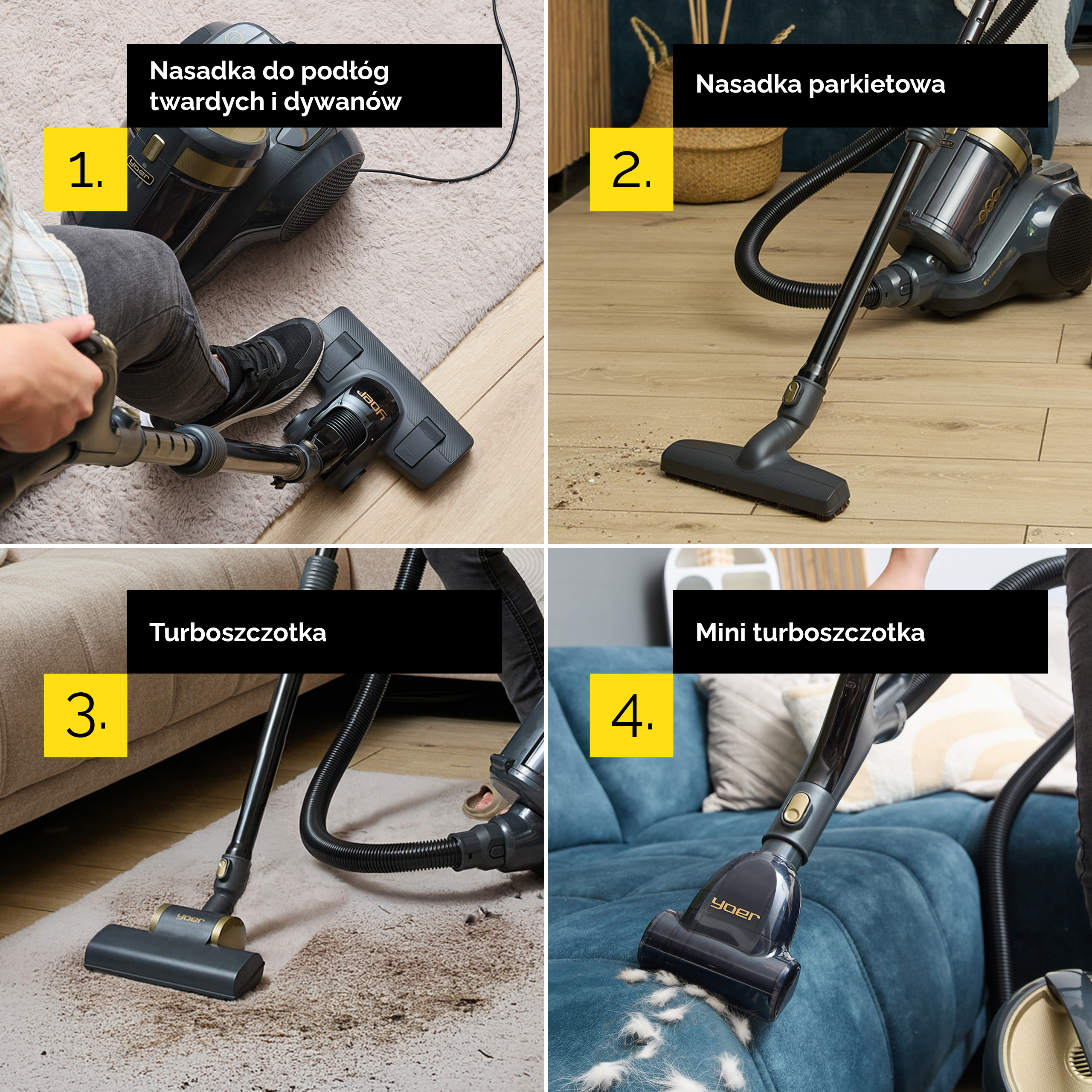 Cztery zdjęcia pokazują końcówki odkurzacza: 1. Na dywanie, 2. Na drewnie, 3. Na dywanie, 4. Na niebieskiej sofie.