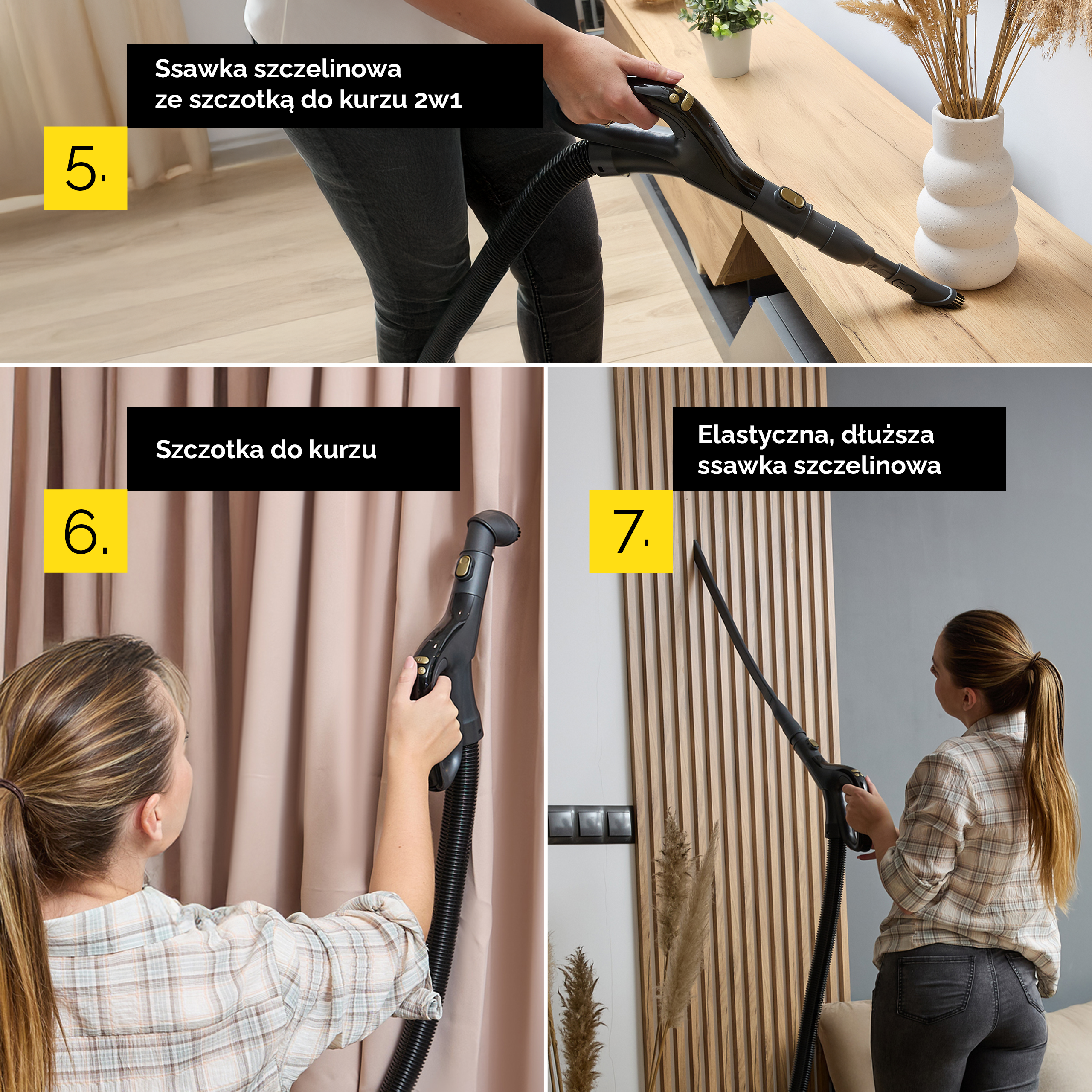Kolaż akcesoriów do odkurzacza: ssawka szczelinowa z szczotką, szczotka i długa ssawka szczelinowa.