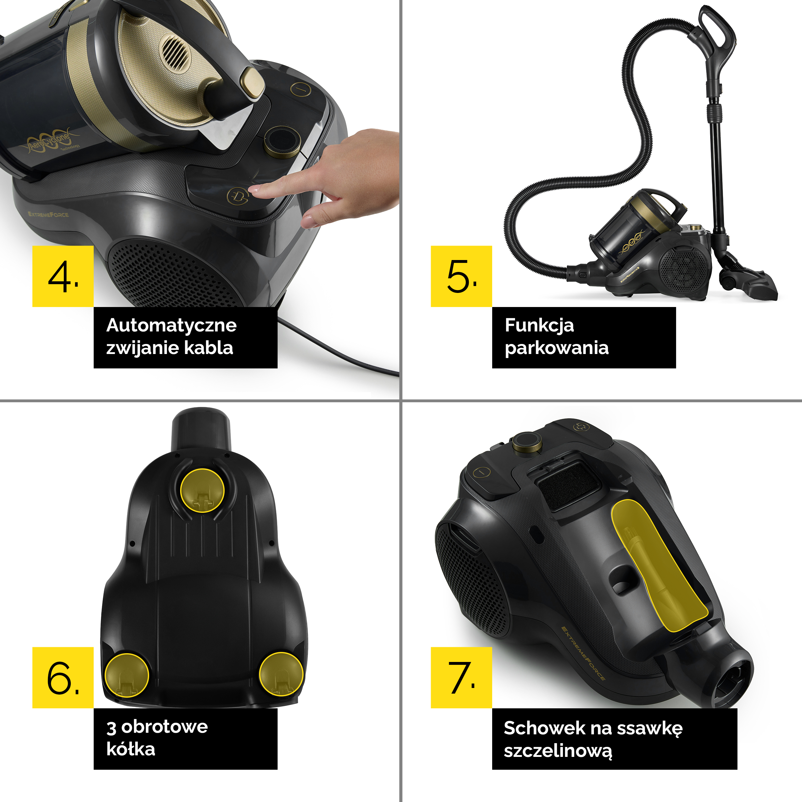 Zbliżenie czarnego odkurzacza ze złotymi detalami i przyciskami.