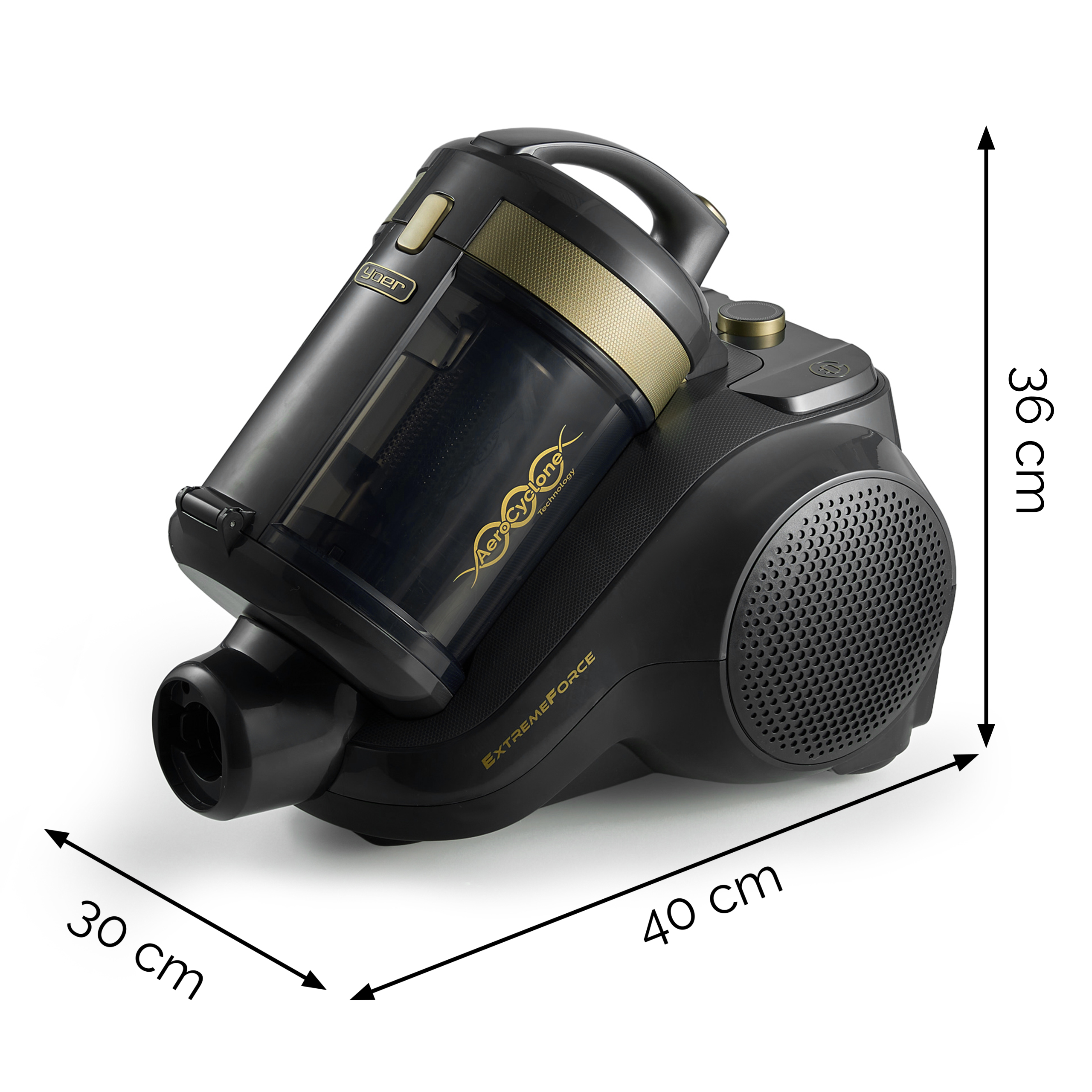 Czarny odkurzacz ze złotymi akcentami, wymiary 40x30x36 cm.