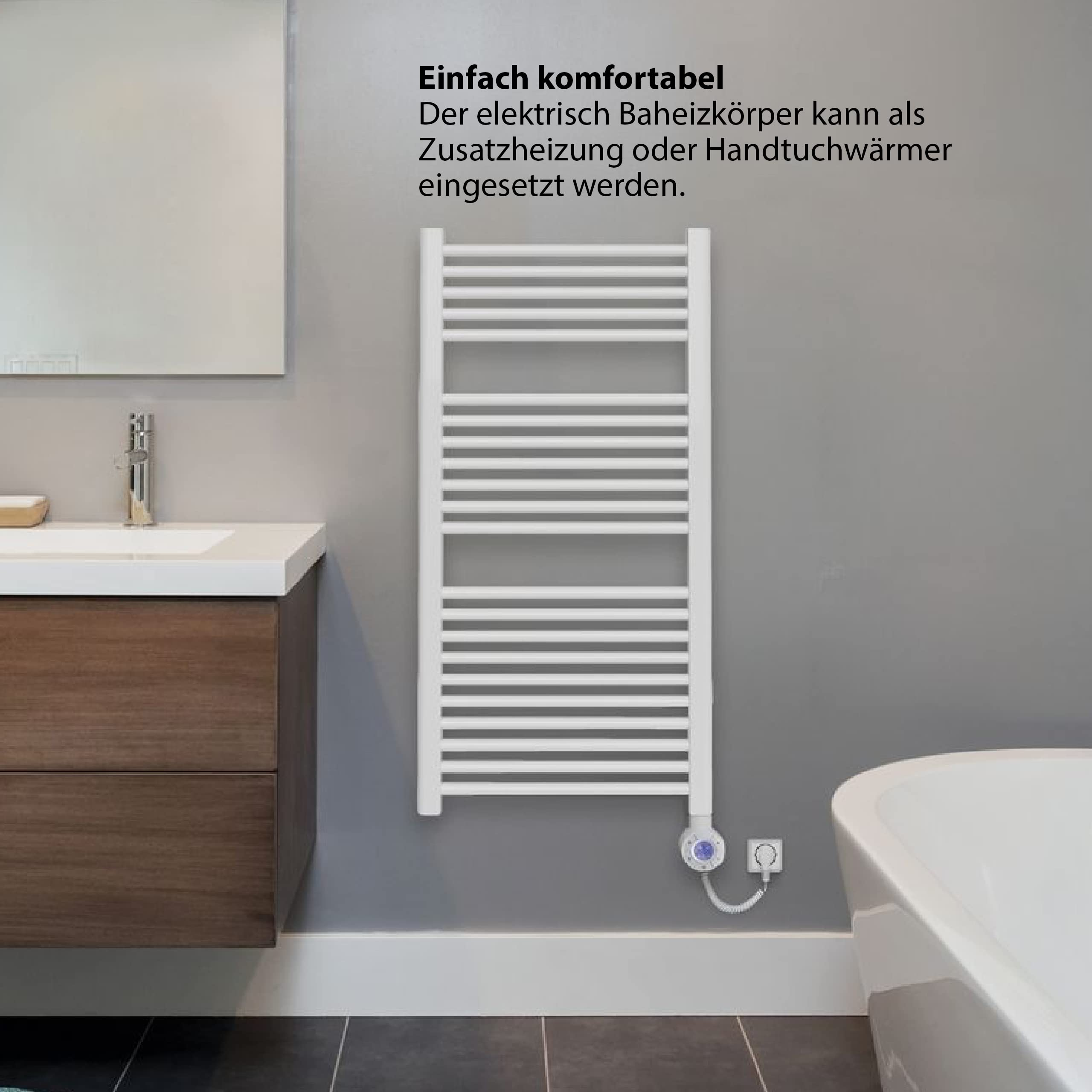 Ein weißer Handtuchwärmer hängt an einer grauen Wand über einer dunklen Holzkommode.