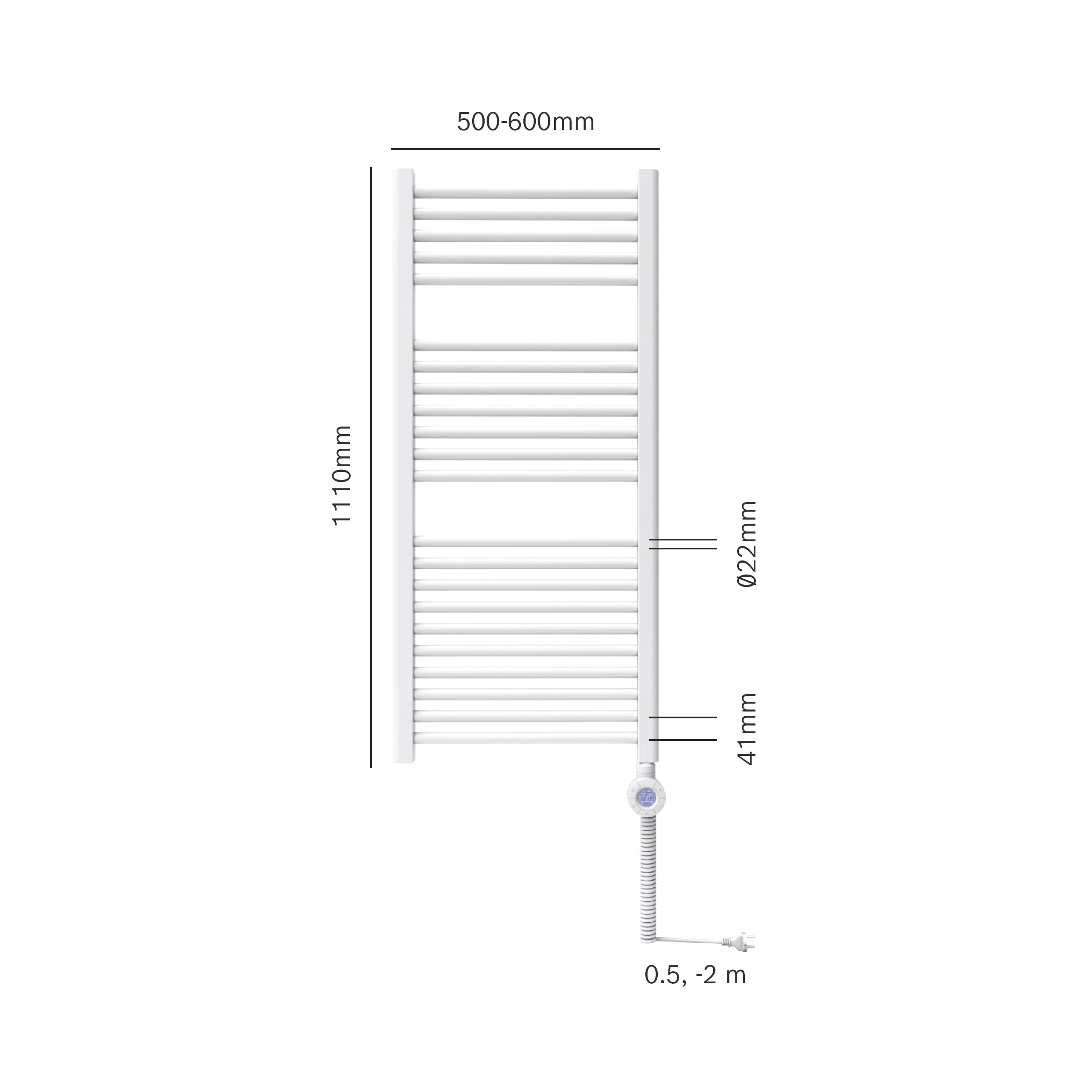 Weißer Handtuchwärmer mit 10 horizontalen Stangen, Maße: 1110x500-600mm, Ø22mm, 41mm.