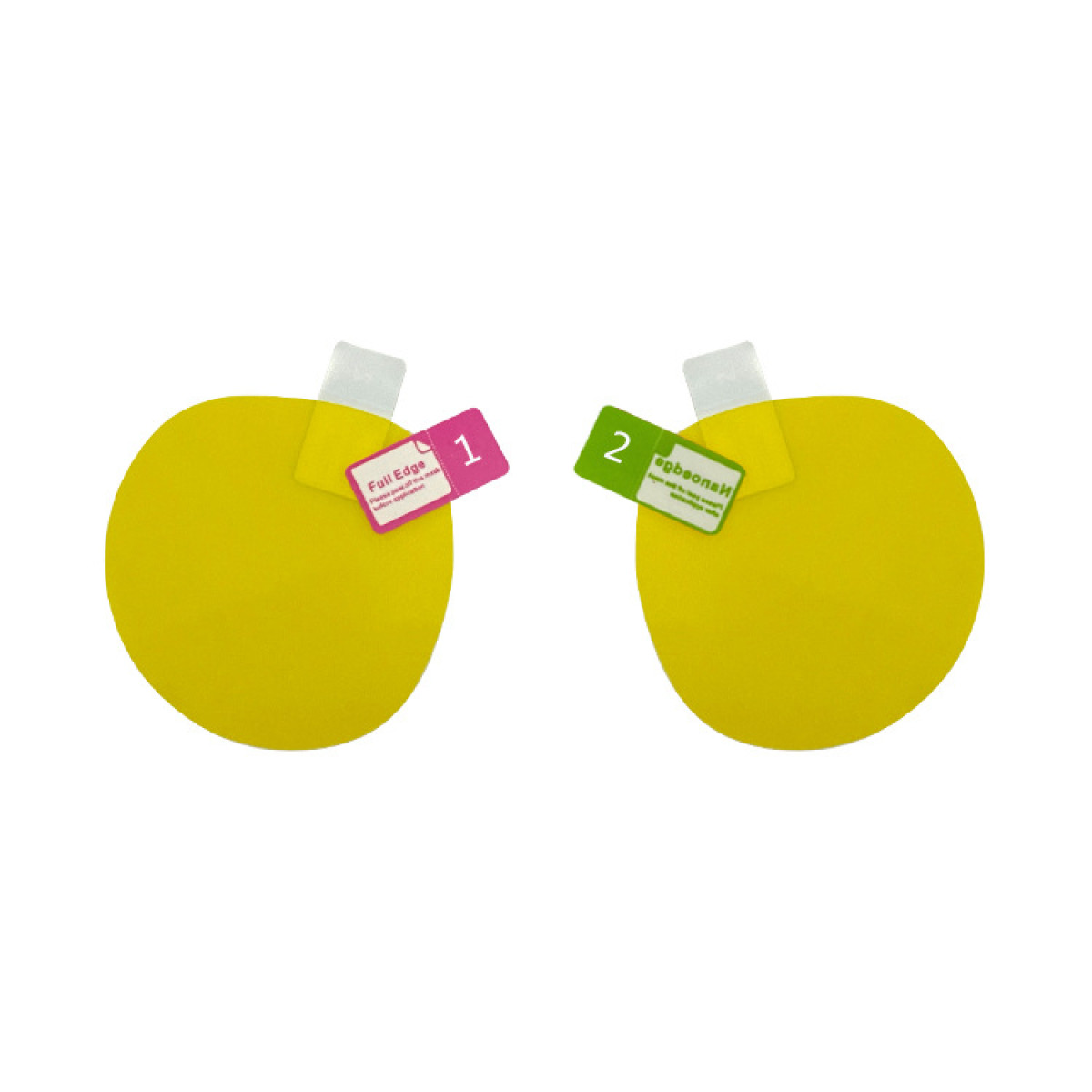 Dwa żółte, okrągłe ochraniacze ekranu z naklejkami instruktażowymi 1 i 2.