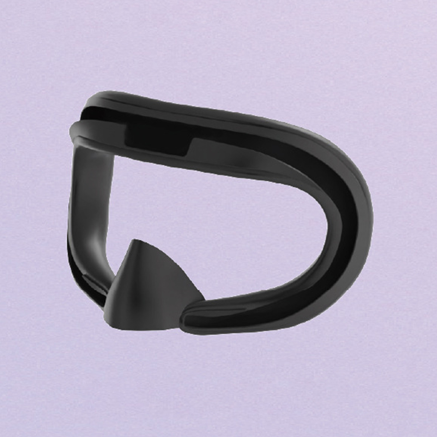 Czarny interfejs twarzowy gogli VR na jasnofioletowym tle.