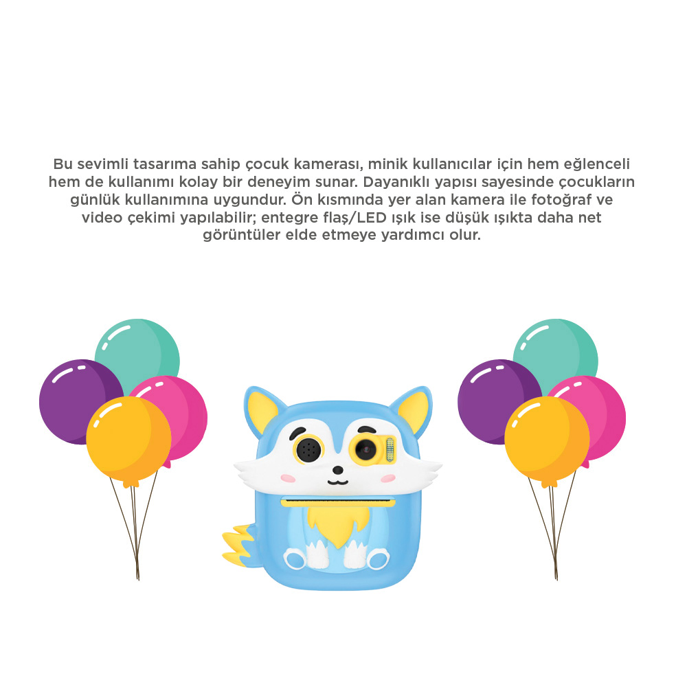 Balonlu mavi kurt tasarımlı çocuk kamerası. Sarı, mor, pembe ve turkuaz.